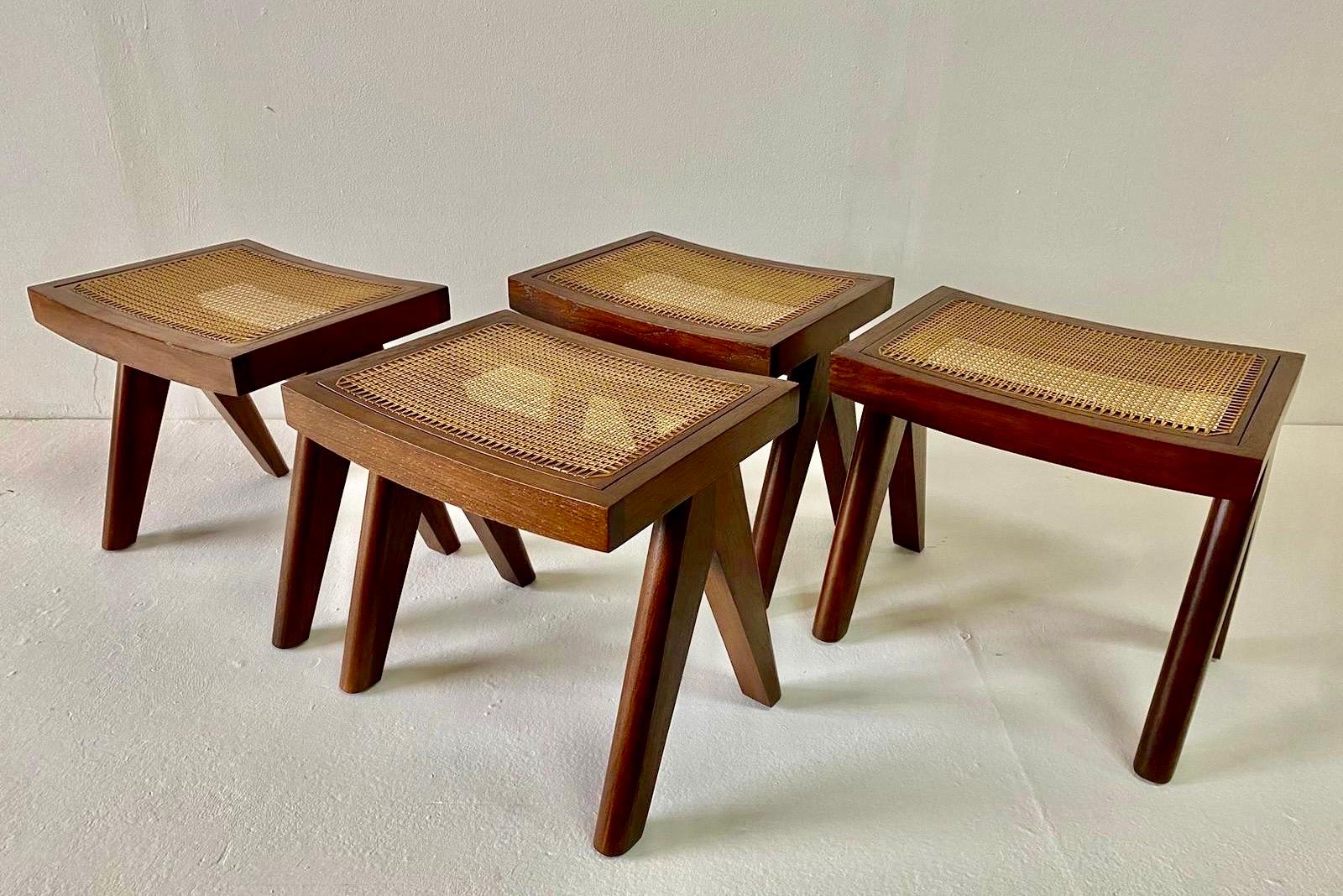 Studio Made Heavy Teak Stools - Manner of Jeanneret (2 Pairs Available) For Sale 9
