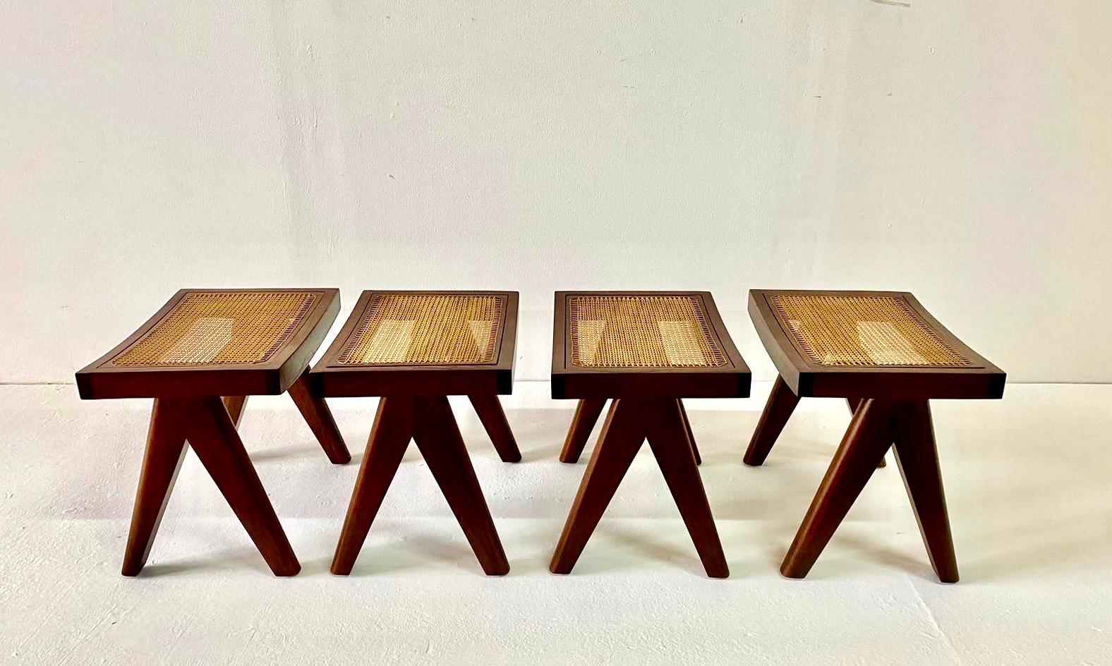 Studio Made Heavy Teak Stools - Manner of Jeanneret (2 Pairs Available) For Sale 10