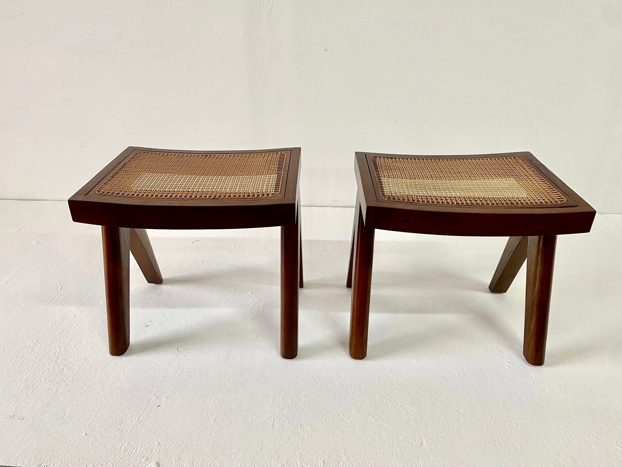 Studio Made Heavy Teak Stools - Manner of Jeanneret (2 Pairs Available) For Sale 1