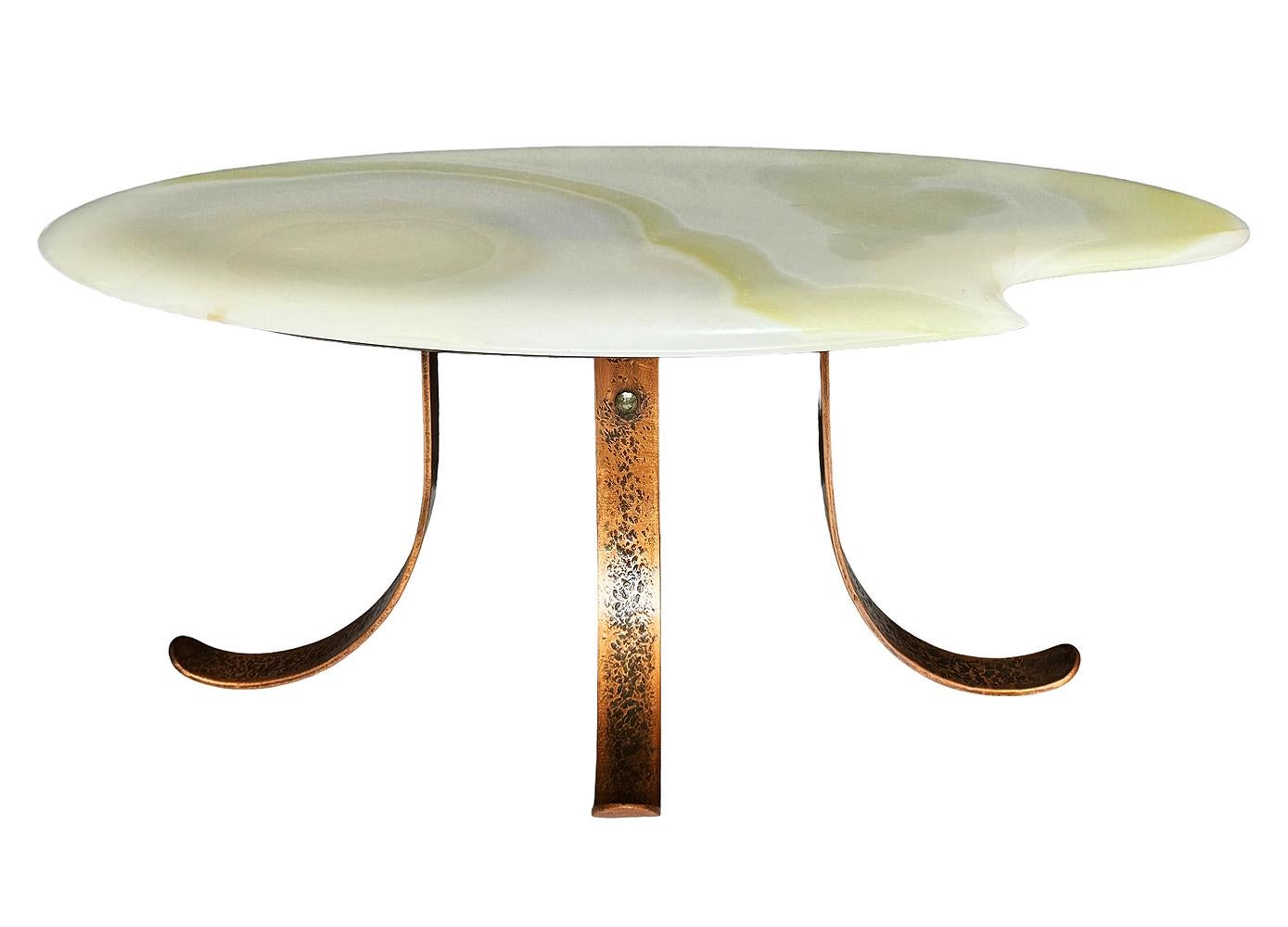 American Studio Made Hollywood Regency Green Onyx Marble & Copper Oval Cocktail Table