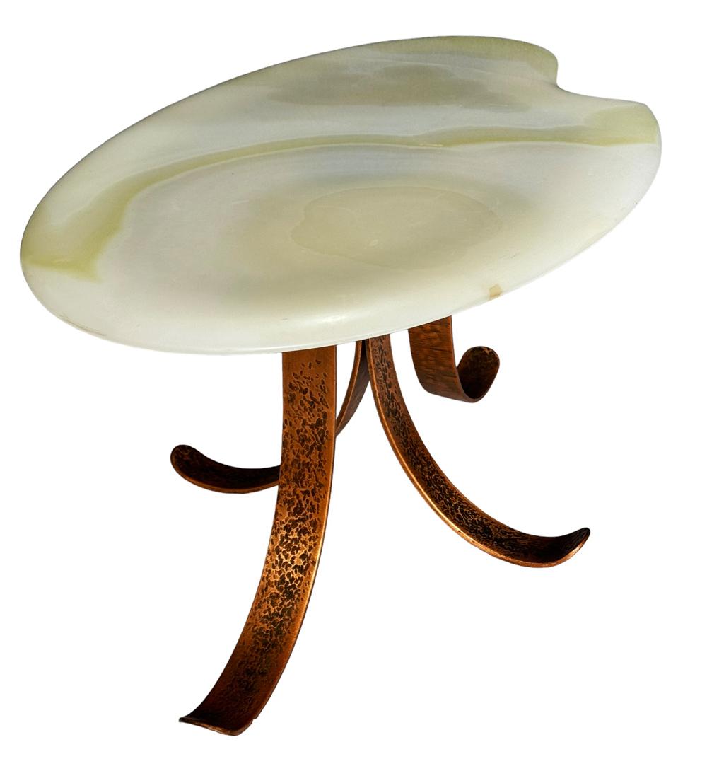 Late 20th Century Studio Made Hollywood Regency Green Onyx Marble & Copper Oval Cocktail Table