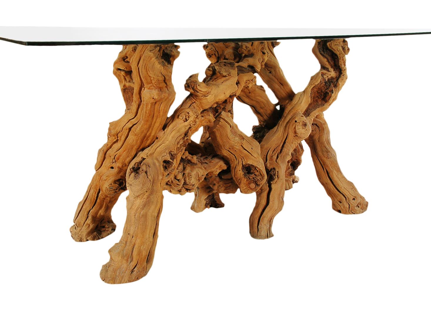 Américain Table de salle à manger Mid-century modern à bord vif en bois flotté avec plateau en verre, fabriquée en studio en vente