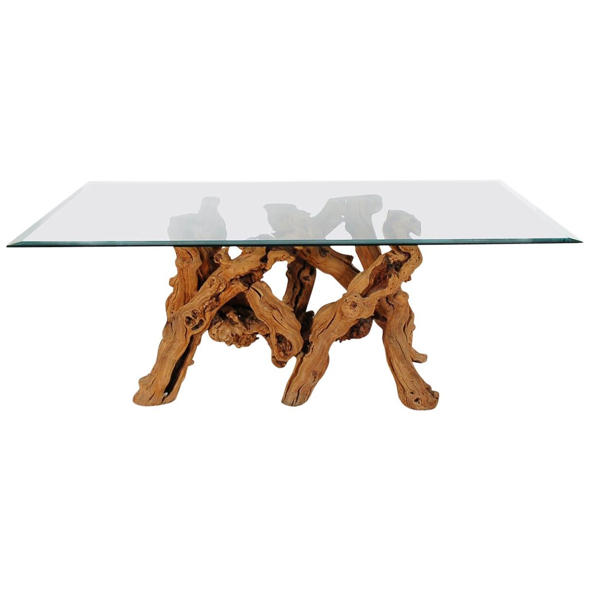 Studio Made Mid-Century Modern Live Edge Driftwood Glass Top Dining Table For Sale