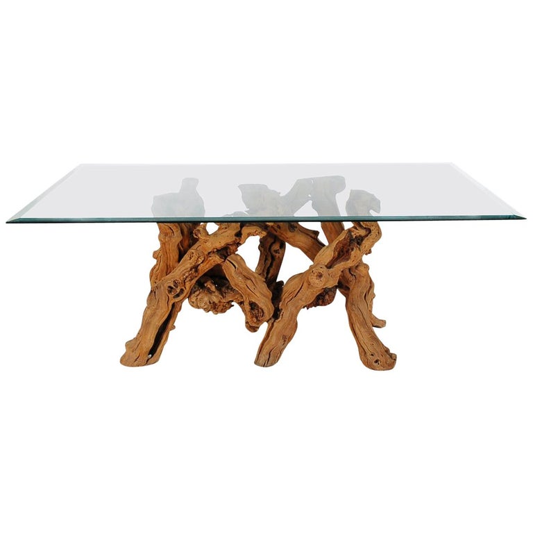 Studio Made Mid-Century Modern Live Edge Driftwood Glass Top Dining Table  For Sale at 1stDibs