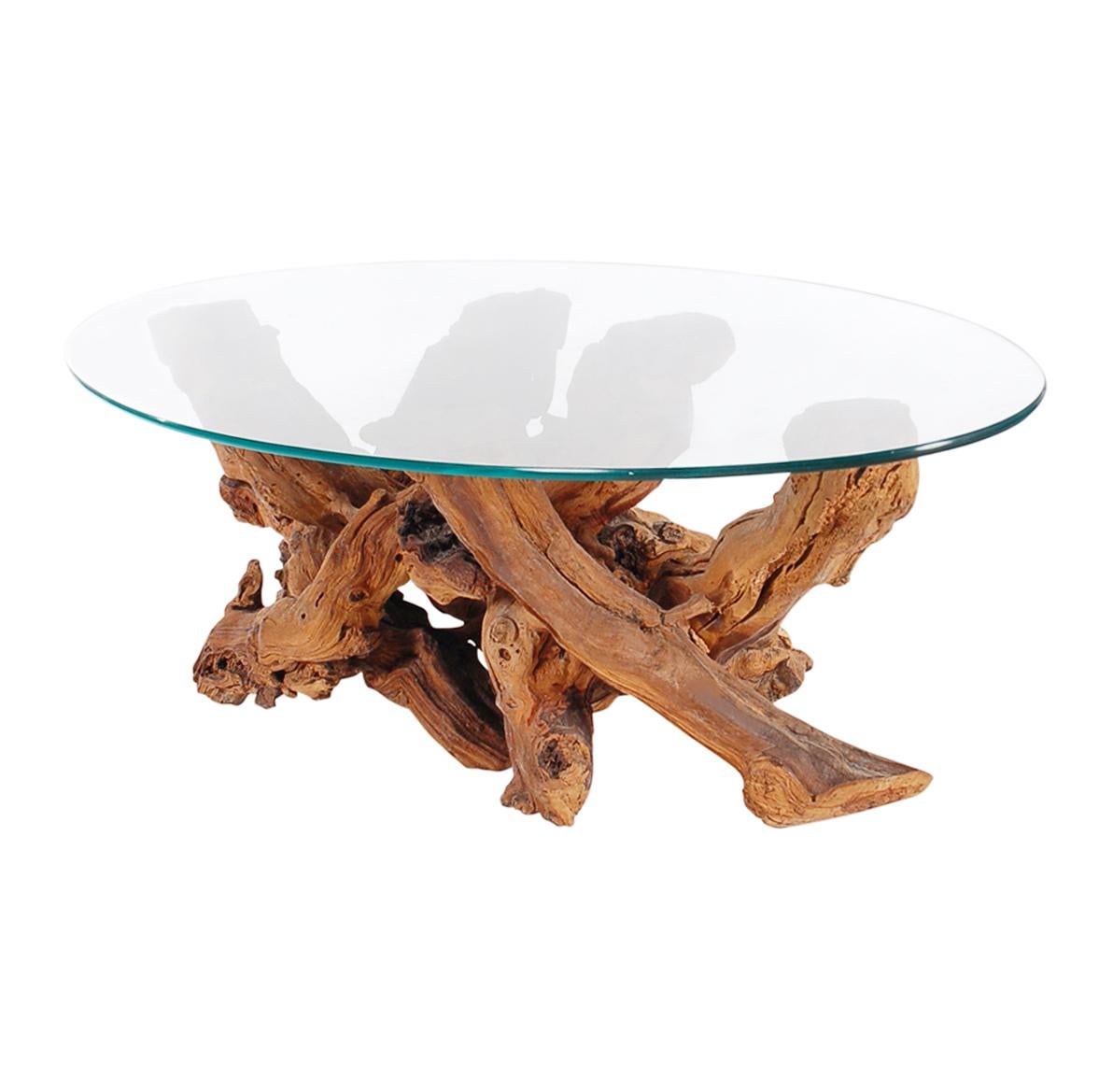 American Studio Made Mid-Century Modern Live Edge Driftwood Glass Top Oval Coffee Table