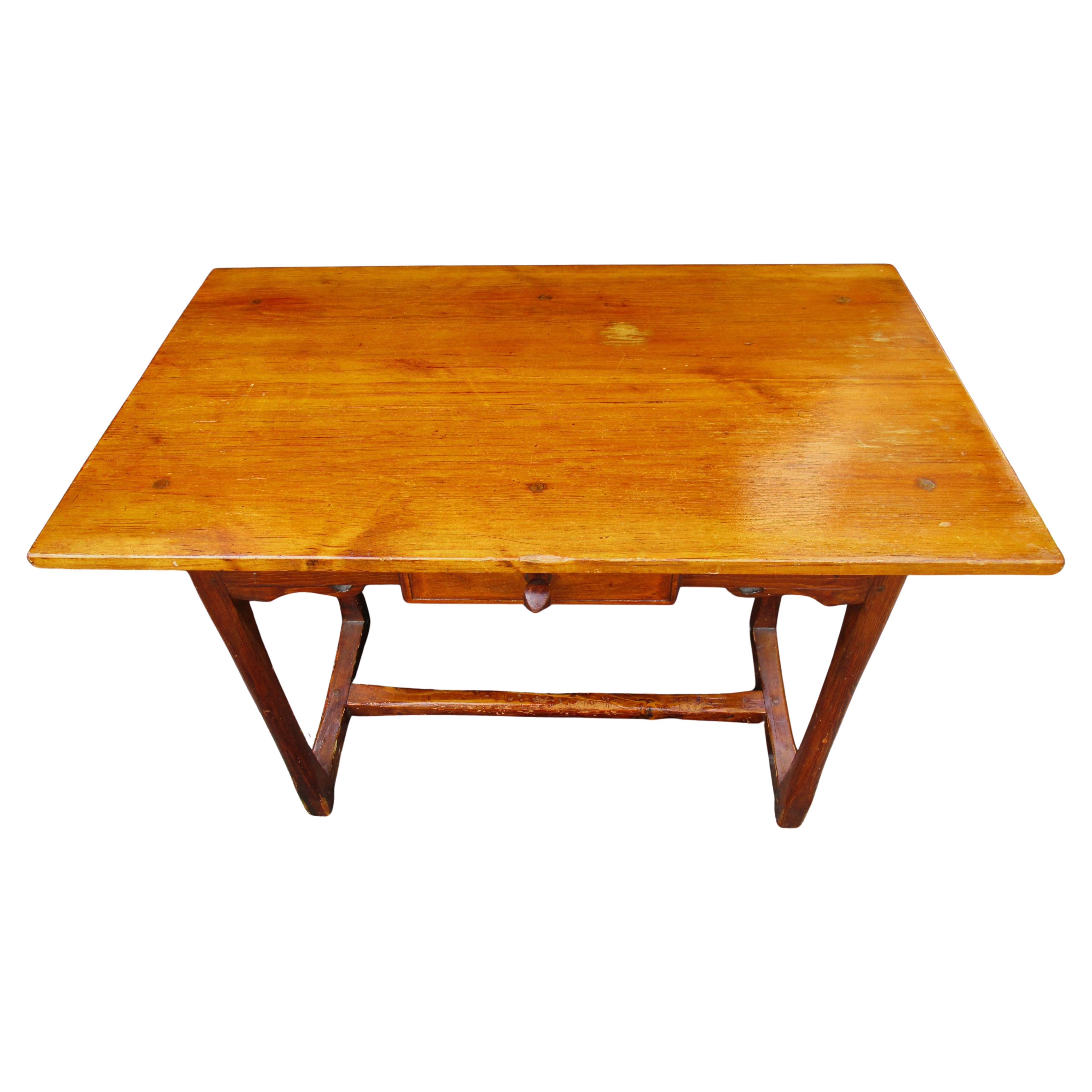 Studio made rustic country style pine one drawer table. Hand crafted hand carved pegged mortised construction. Original signed woodcut print on underside of drawer - Saul Yalkert Craftsman ( artist, illustrator, woodworker, industrial designer