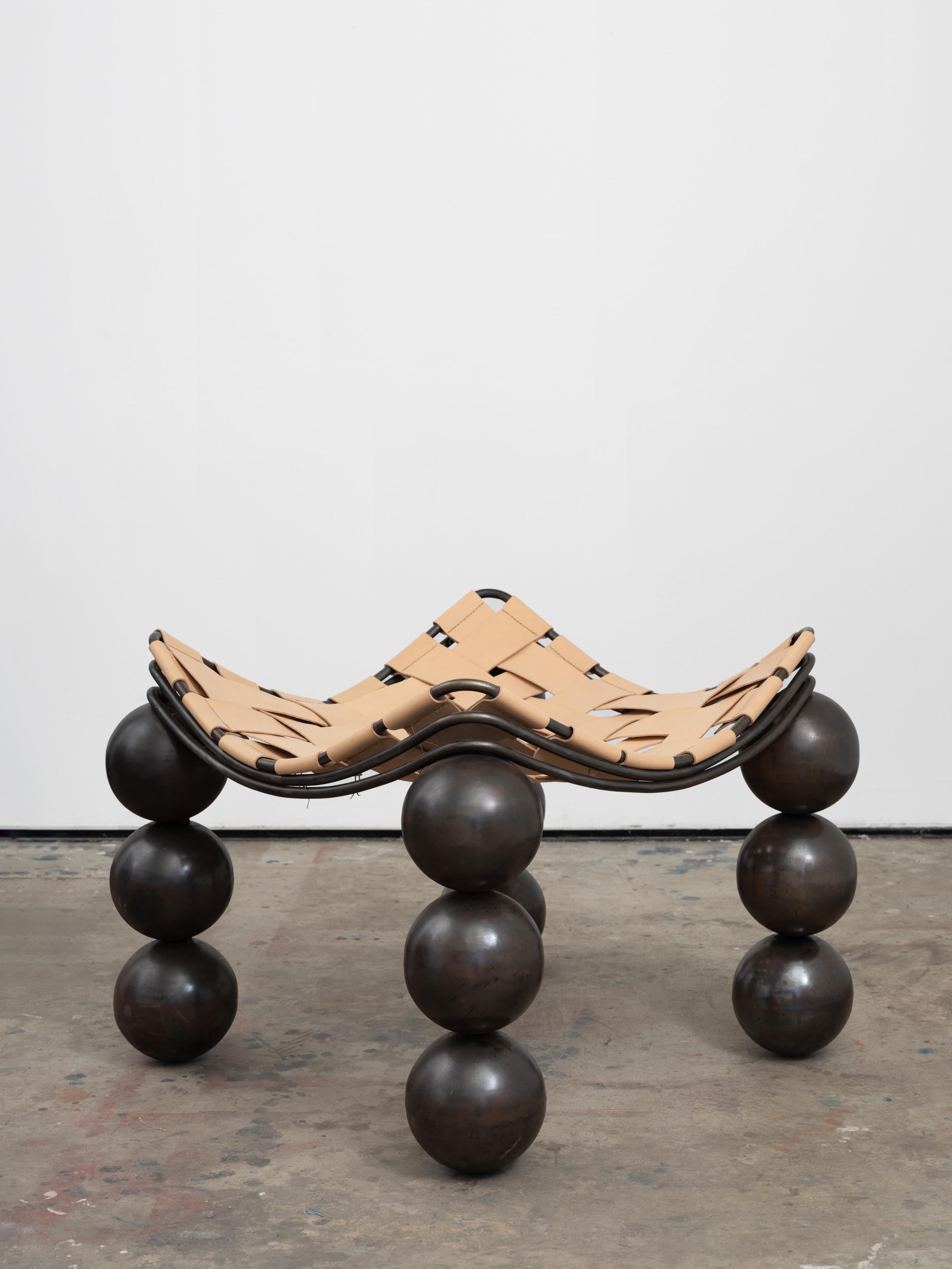 Studio-Made Sculptural Bronze Patina Steel & Vegetable Tanned Leather Ottoman For Sale 3