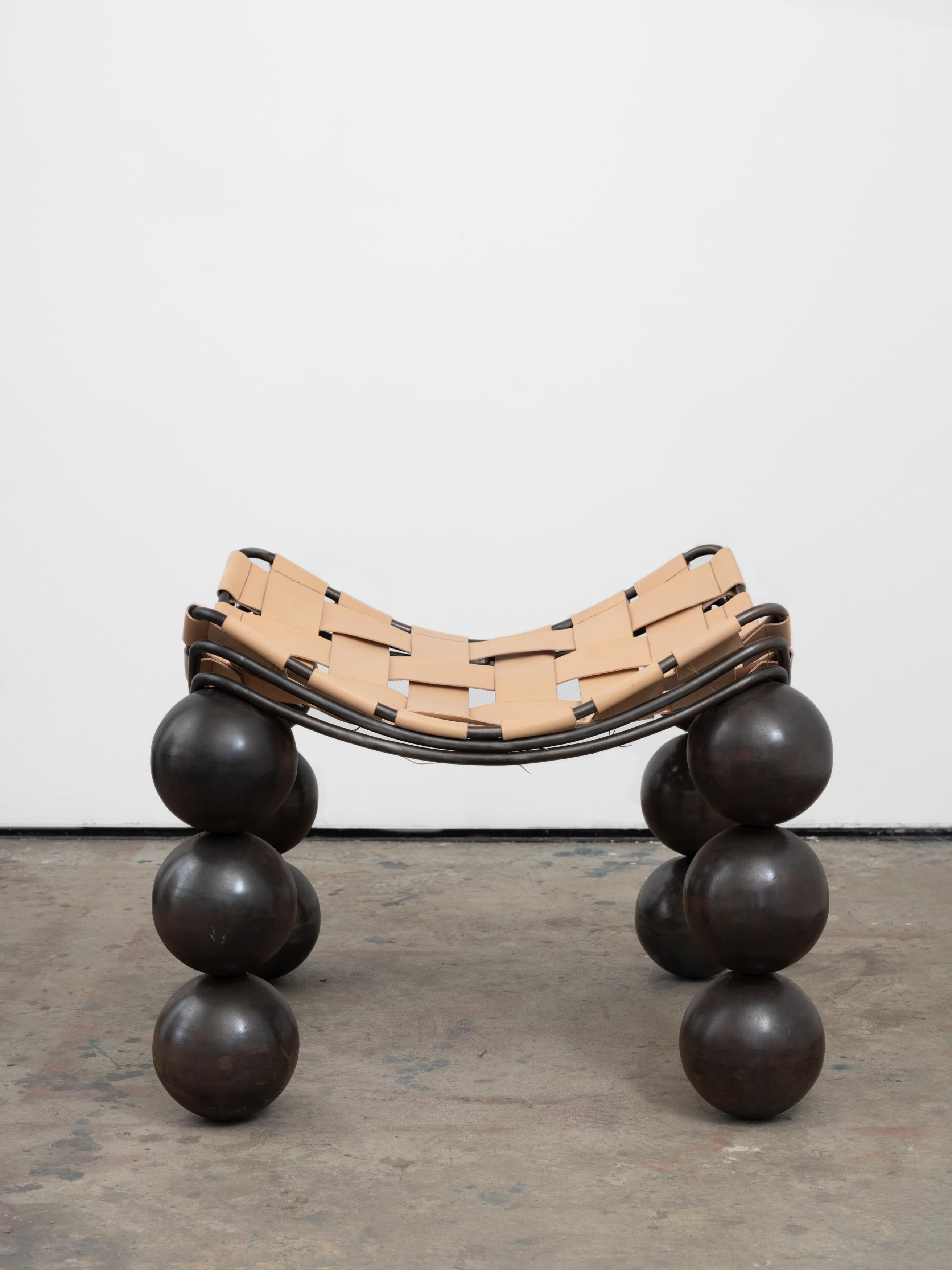 Studio-Made Sculptural Bronze Patina Steel & Vegetable Tanned Leather Ottoman For Sale 4