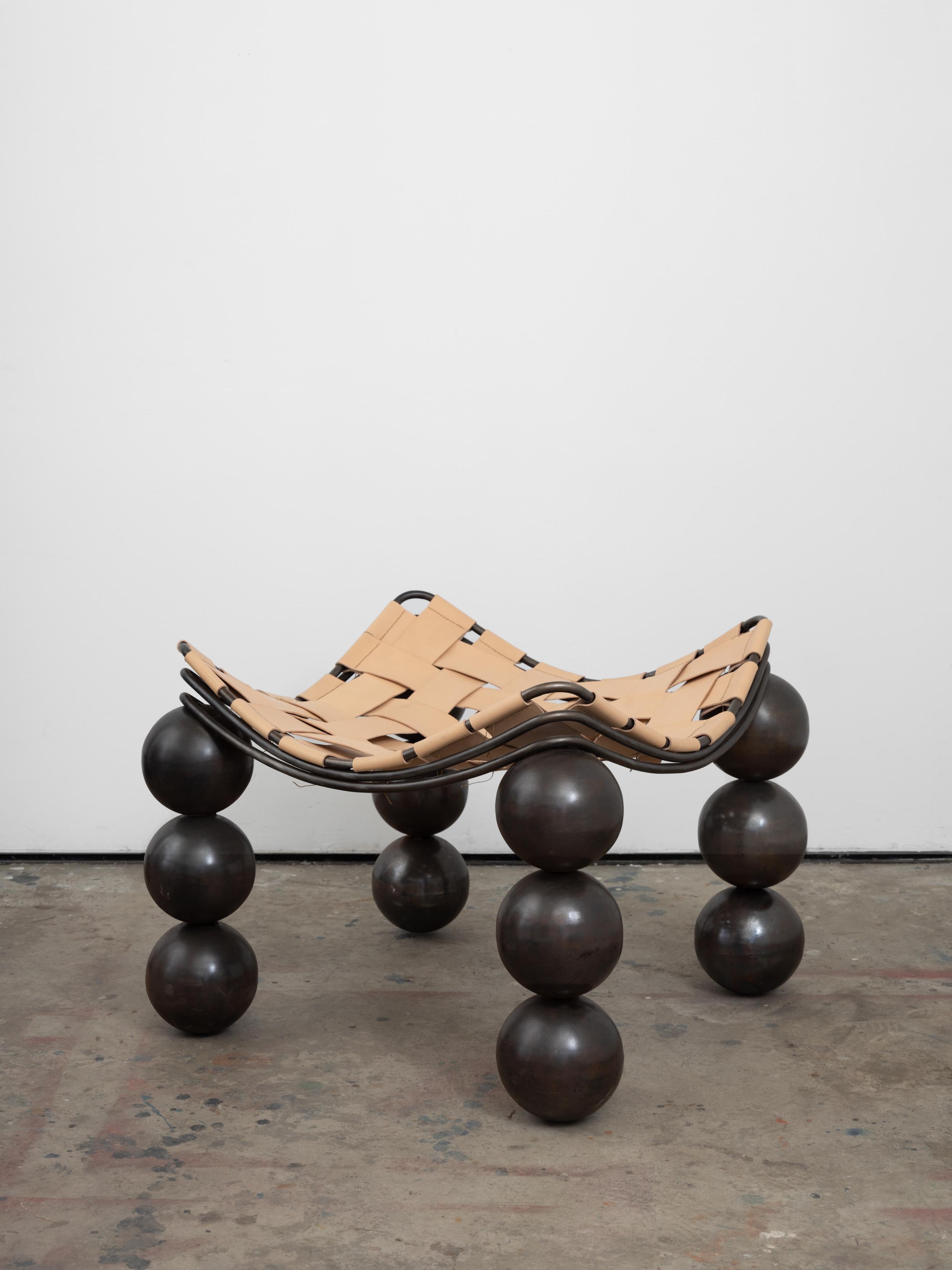 Studio-Made Sculptural Bronze Patina Steel & Vegetable Tanned Leather Ottoman For Sale 6