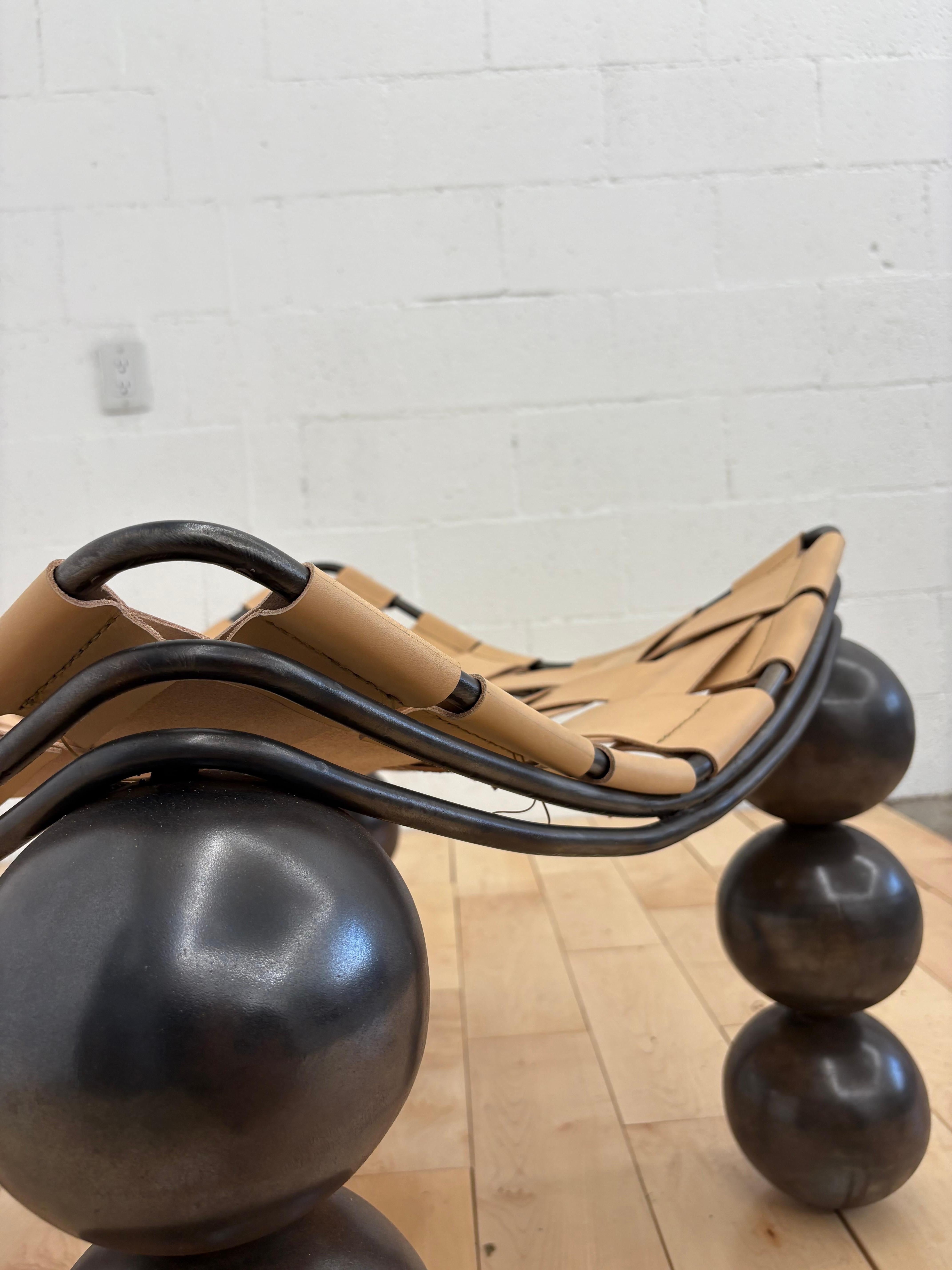 Brutalist Studio-Made Sculptural Bronze Patina Steel & Vegetable Tanned Leather Ottoman For Sale