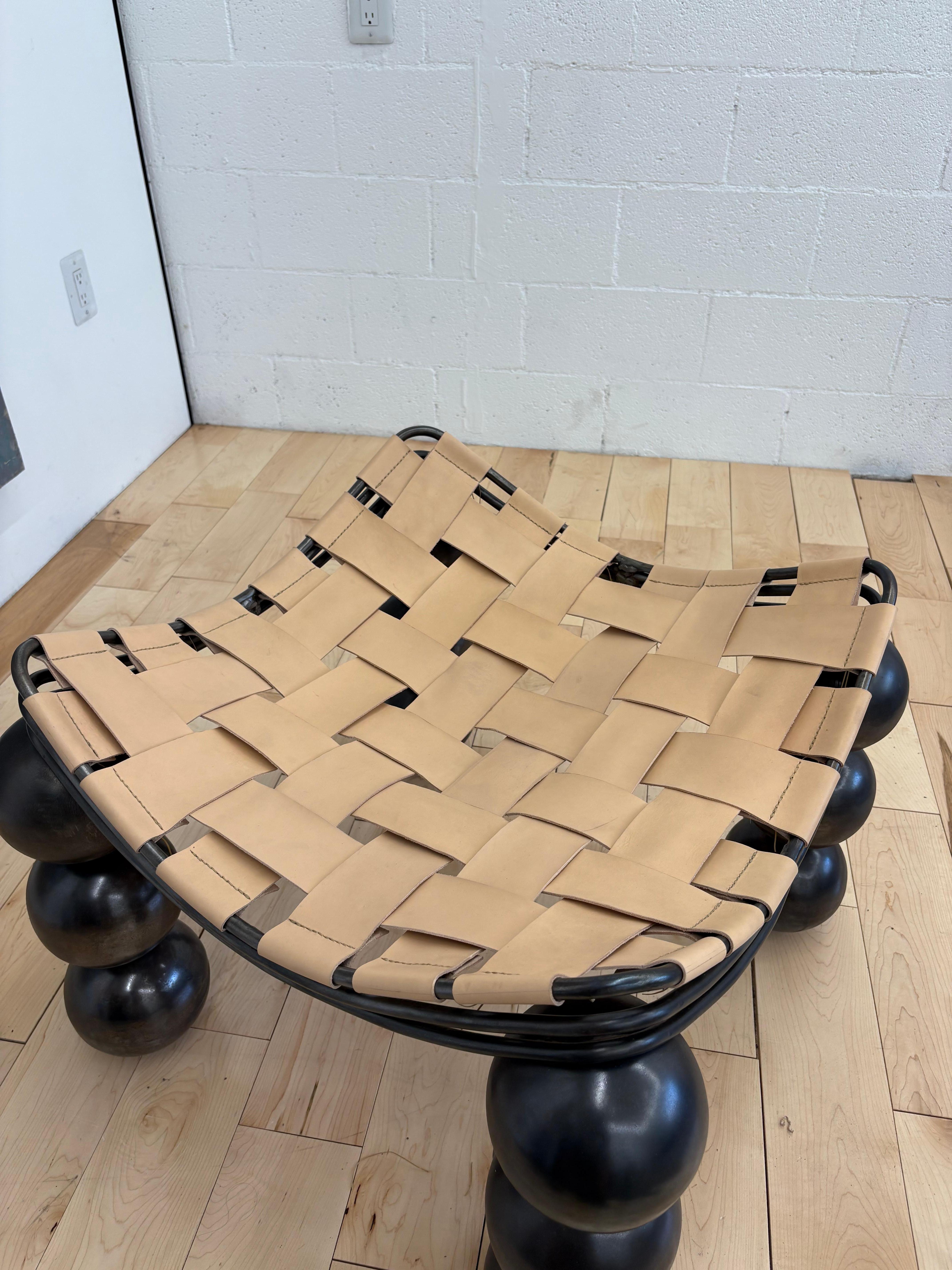Studio-Made Sculptural Bronze Patina Steel & Vegetable Tanned Leather Ottoman In New Condition For Sale In Los Angeles, CA