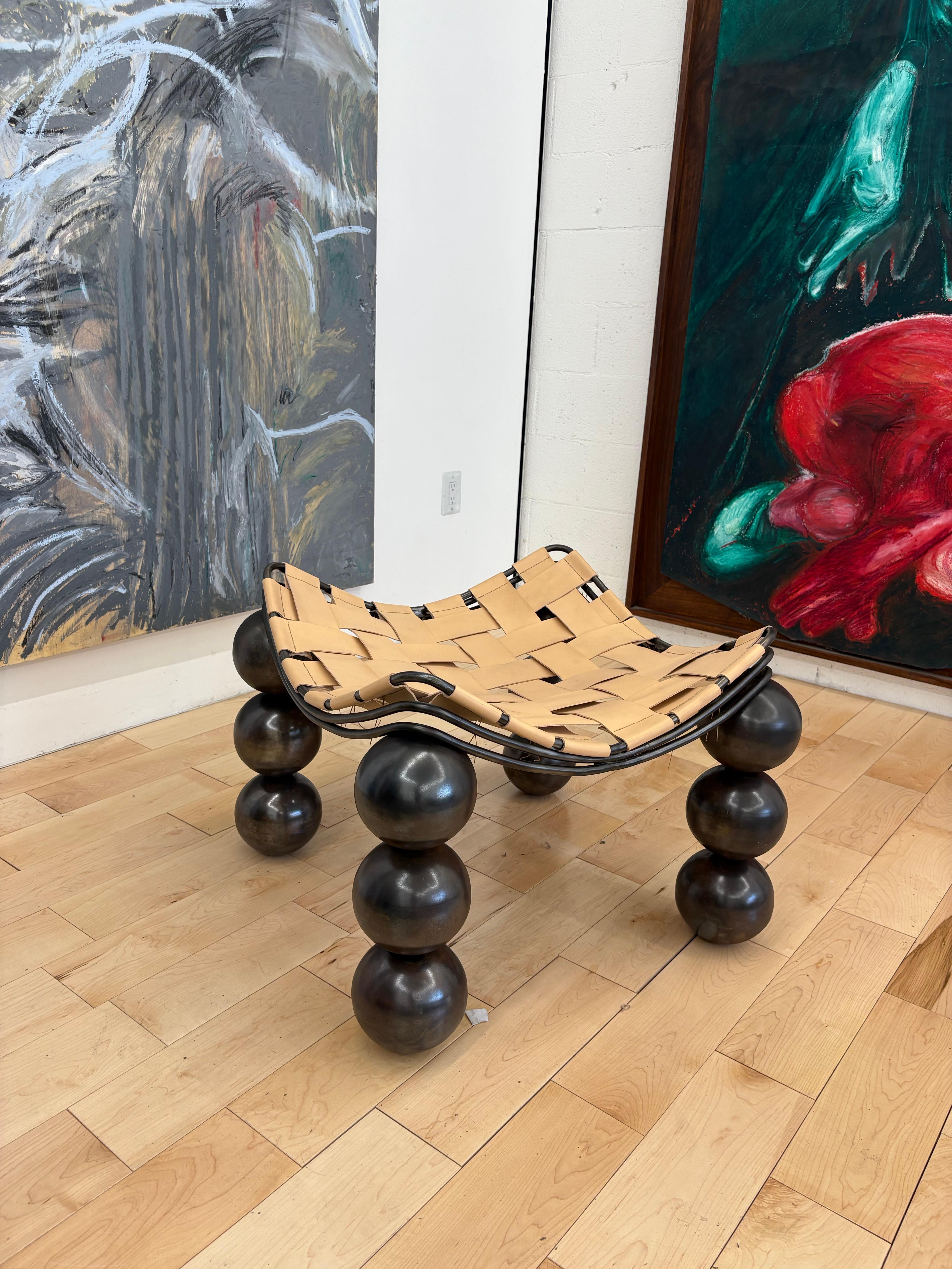 Contemporary Studio-Made Sculptural Bronze Patina Steel & Vegetable Tanned Leather Ottoman For Sale