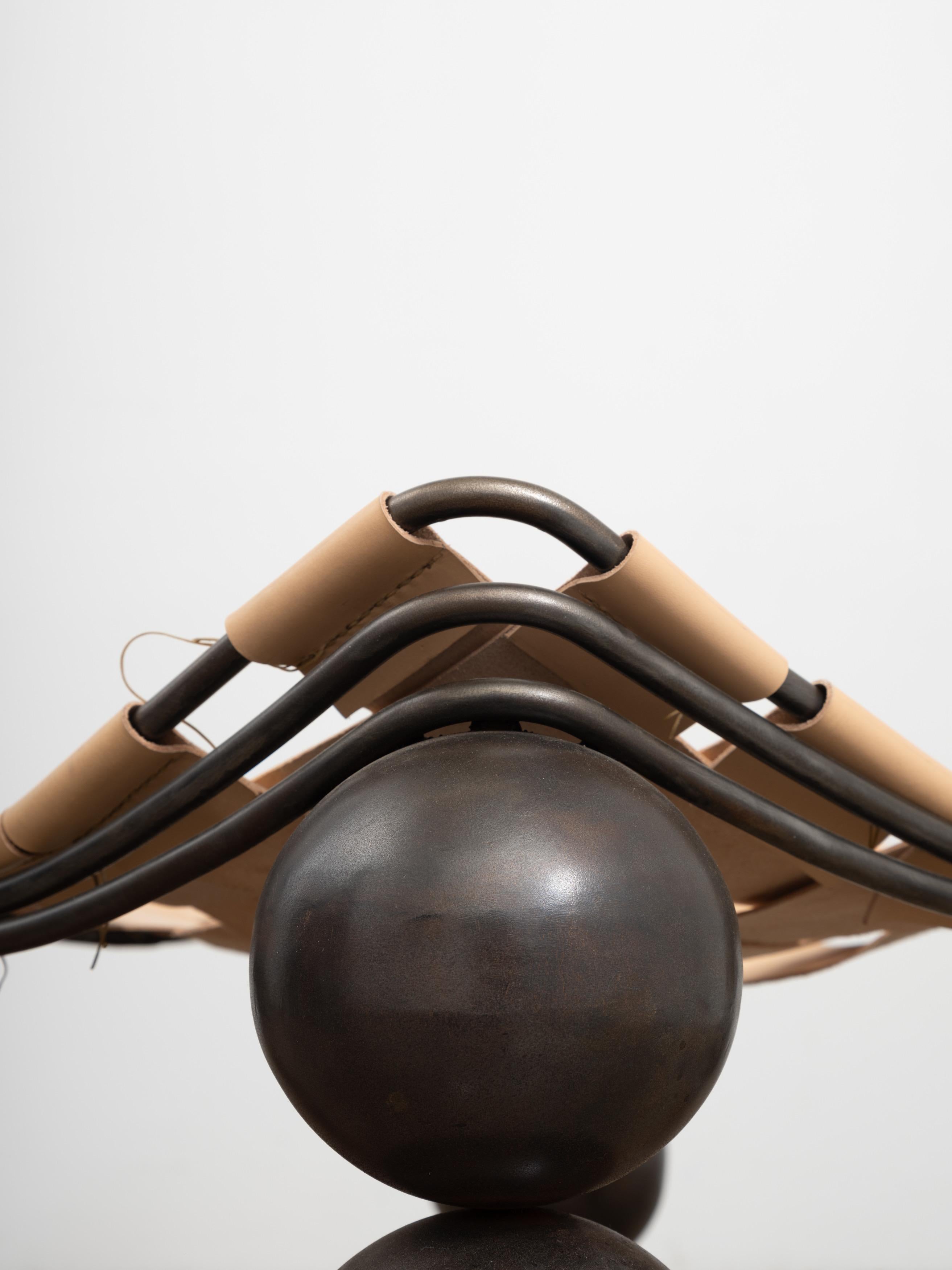 Studio-Made Sculptural Bronze Patina Steel & Vegetable Tanned Leather Ottoman For Sale 2