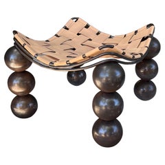 Studio-Made Sculptural Bronze Patina Steel & Vegetable Tanned Leather Ottoman
