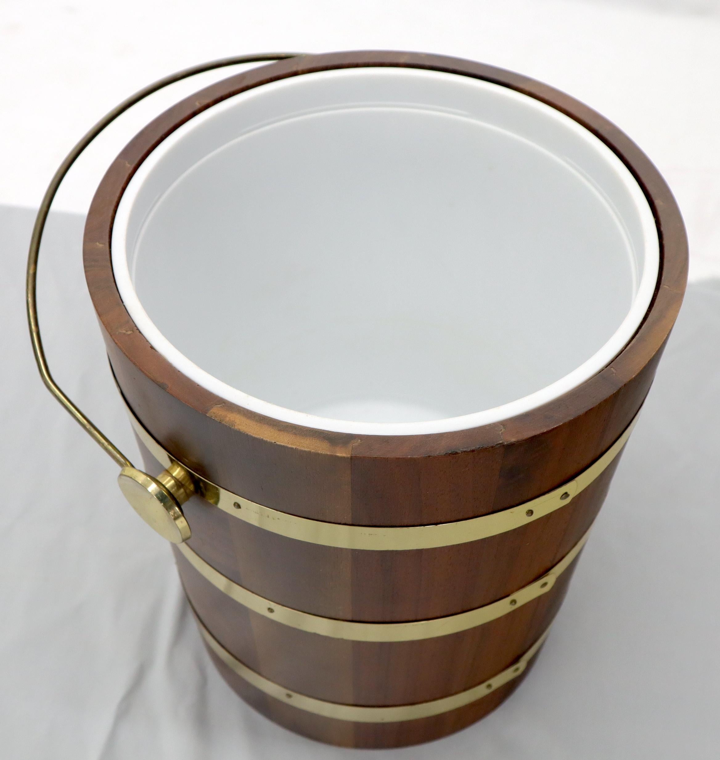 Mid-Century Modern Studio Made Walnut and Brass Barrel Style Ice Bucket with Lid