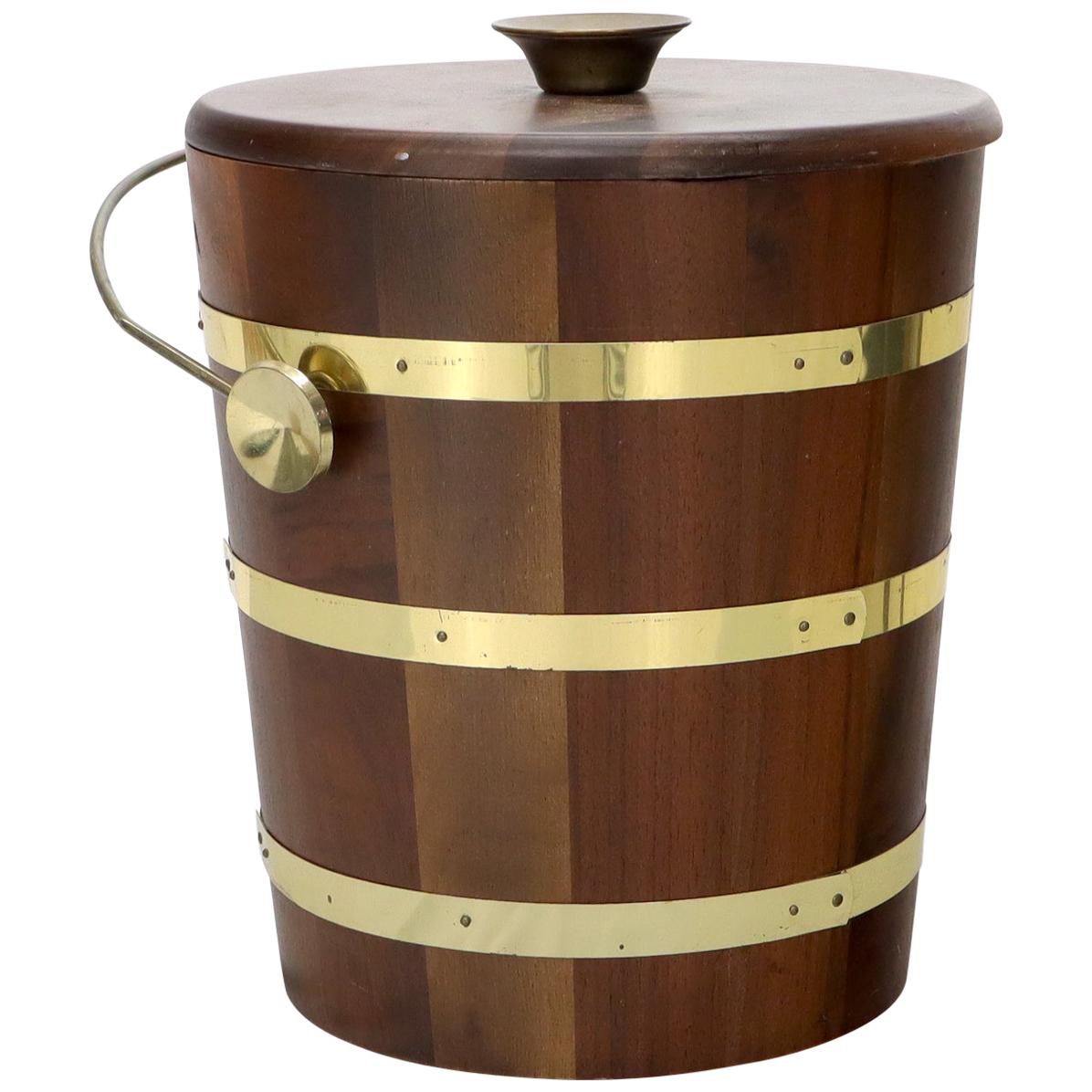 Studio Made Walnut and Brass Barrel Style Ice Bucket with Lid