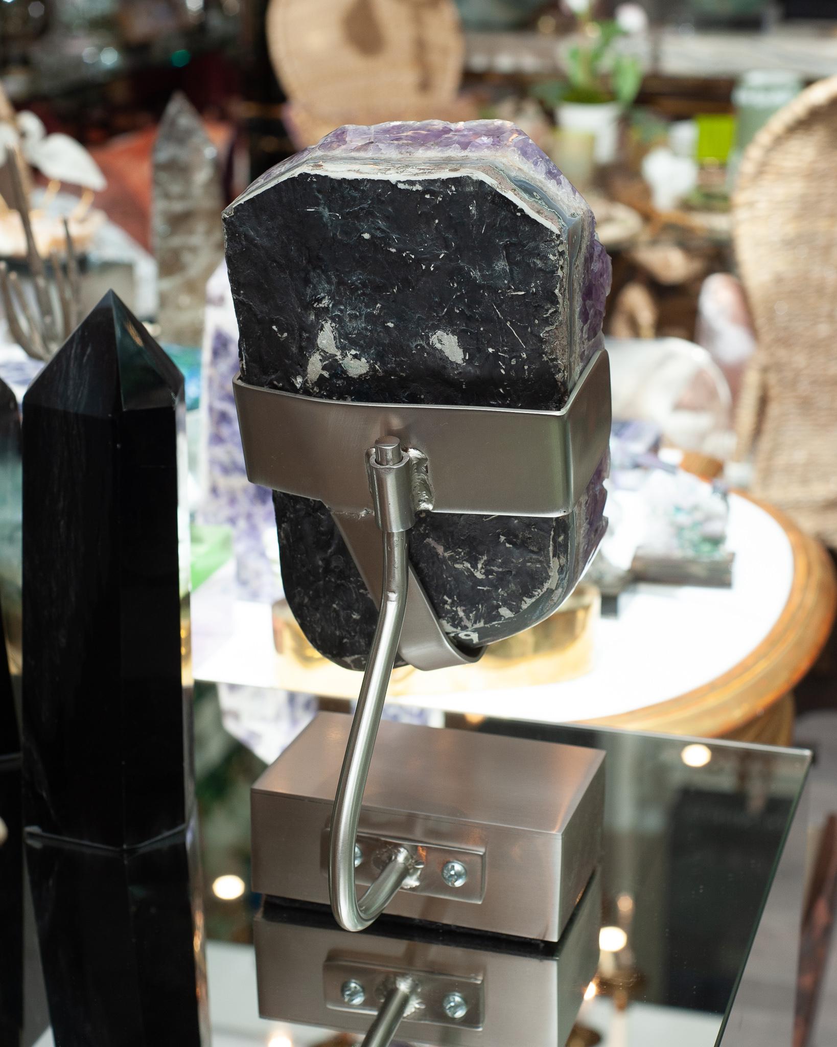 Studio Maison Nurita Amethyst Specimen with Brushed Nickel Base In New Condition For Sale In Toronto, ON