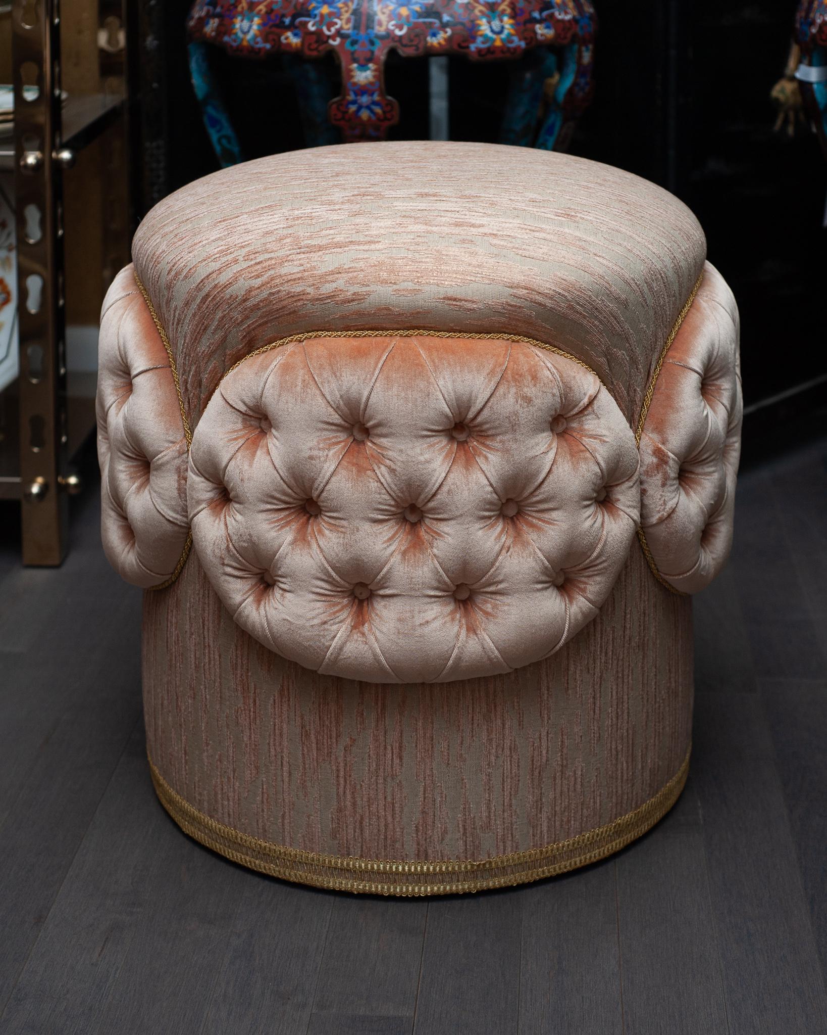 The craft of fine upholstery is an art and Maison Nurita presents this stunning hand upholstered Ottoman. Inspired by the Napoleon III style, this Ottoman is upholstered with deep tufted curved panels in a Sabina Fay Braxton silk velvet and finished