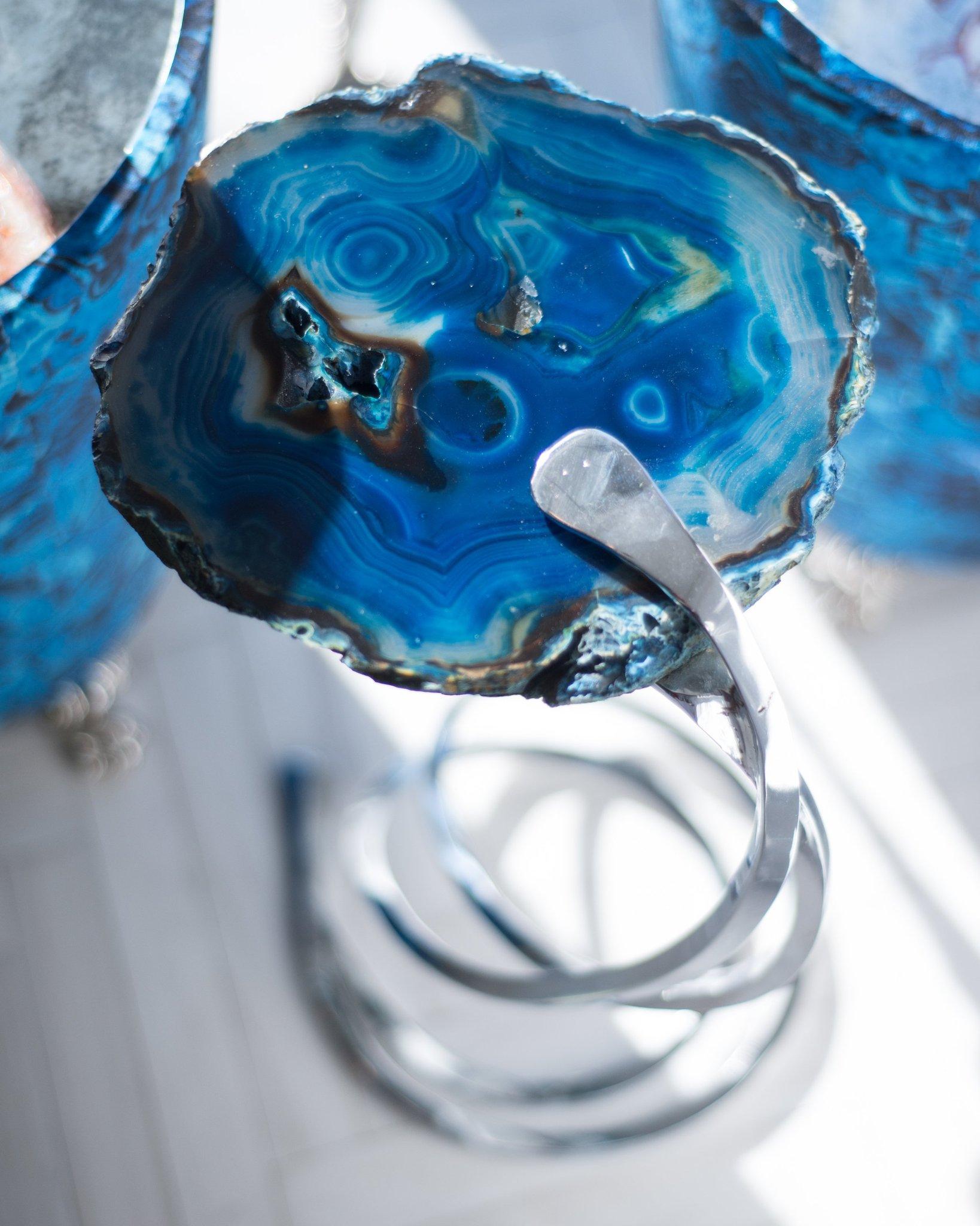 Contemporary Studio Maison Nurita Blue Agate Drink Table with Chrome Spiral Leg