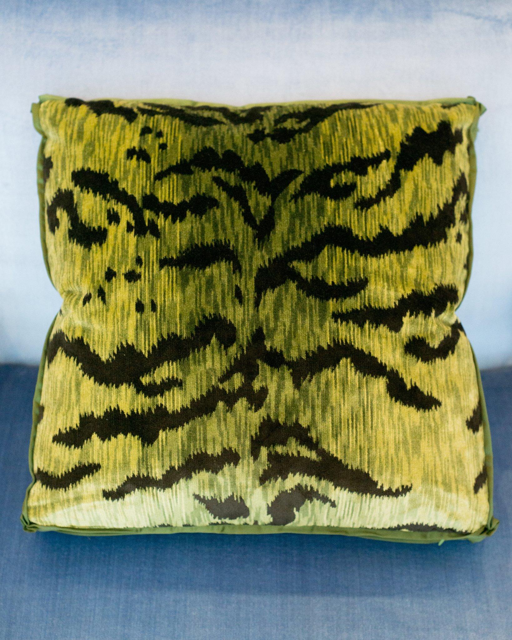 A pair of luxurious Studio Maison Nurita pillows in our signature box design with Bevilacqua chartreuse green and black tiger print velvet with a satin border and pleated corners. Established by Luigi Bevilacqua, and operating out of Venice since