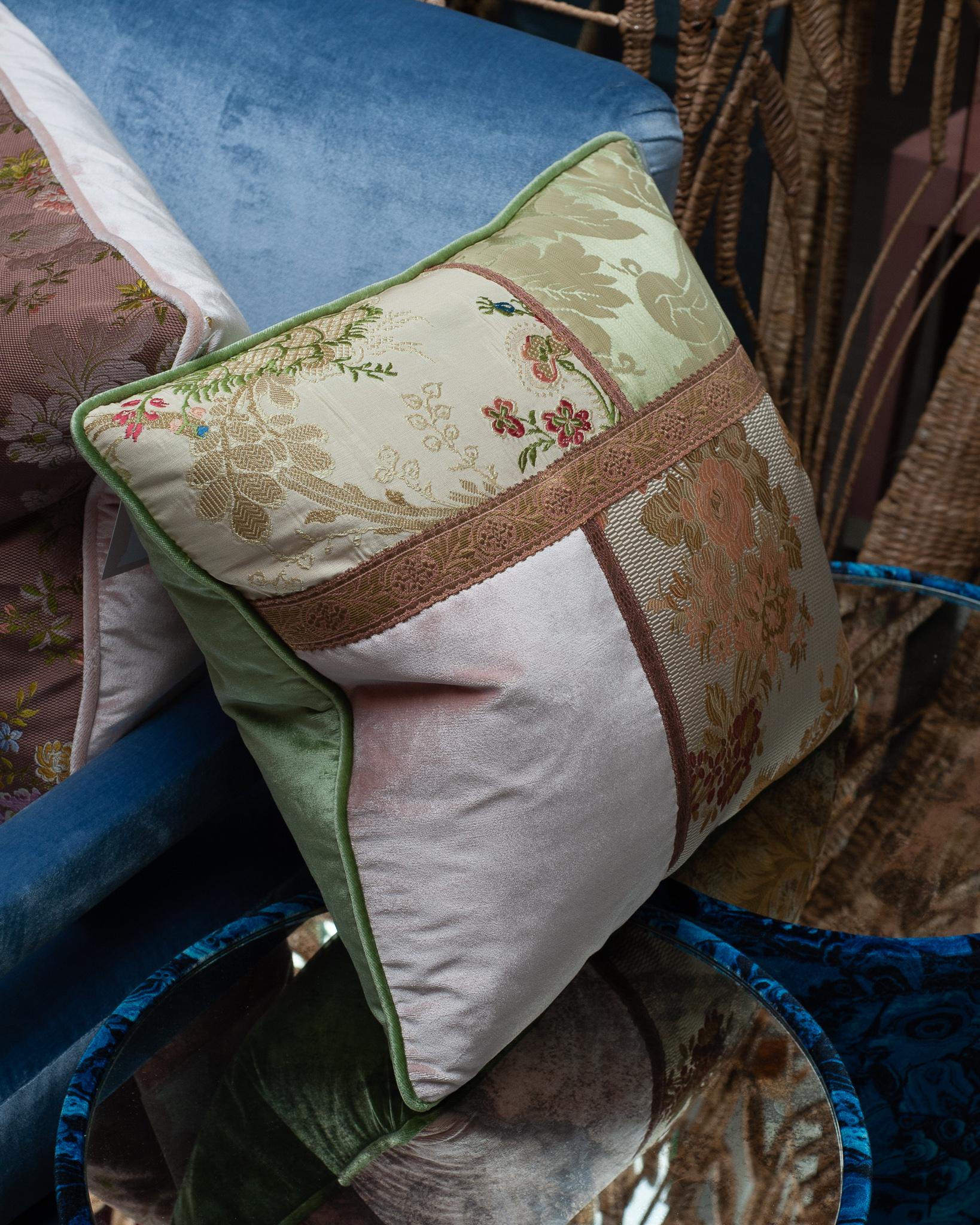 Canadian Studio Maison Nurita Floral and Patchwork Silk Velvet Pillow with Metallic Trims For Sale