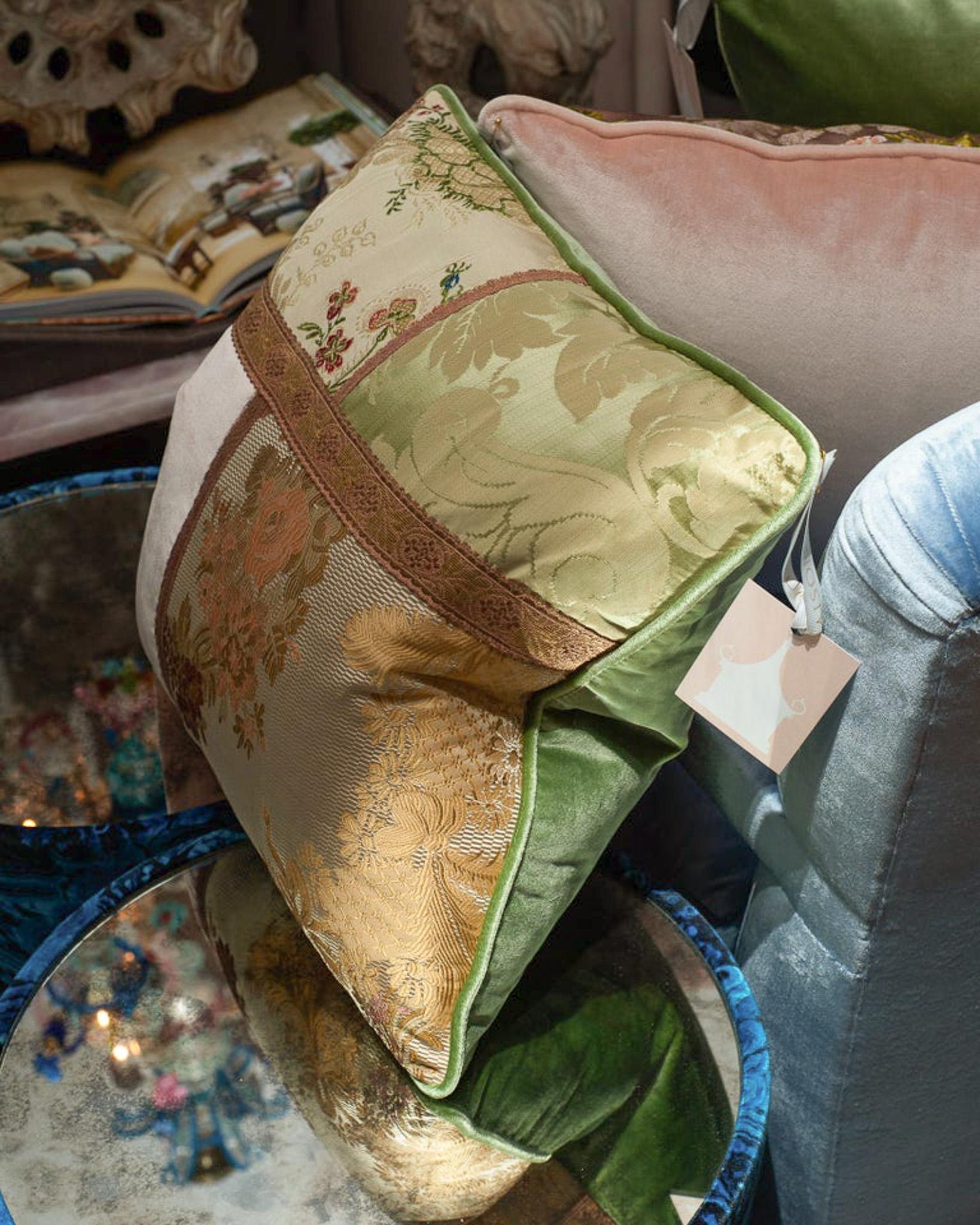 Canadian Studio Maison Nurita Floral and Patchwork Silk Velvet Pillow with Metallic Trims For Sale