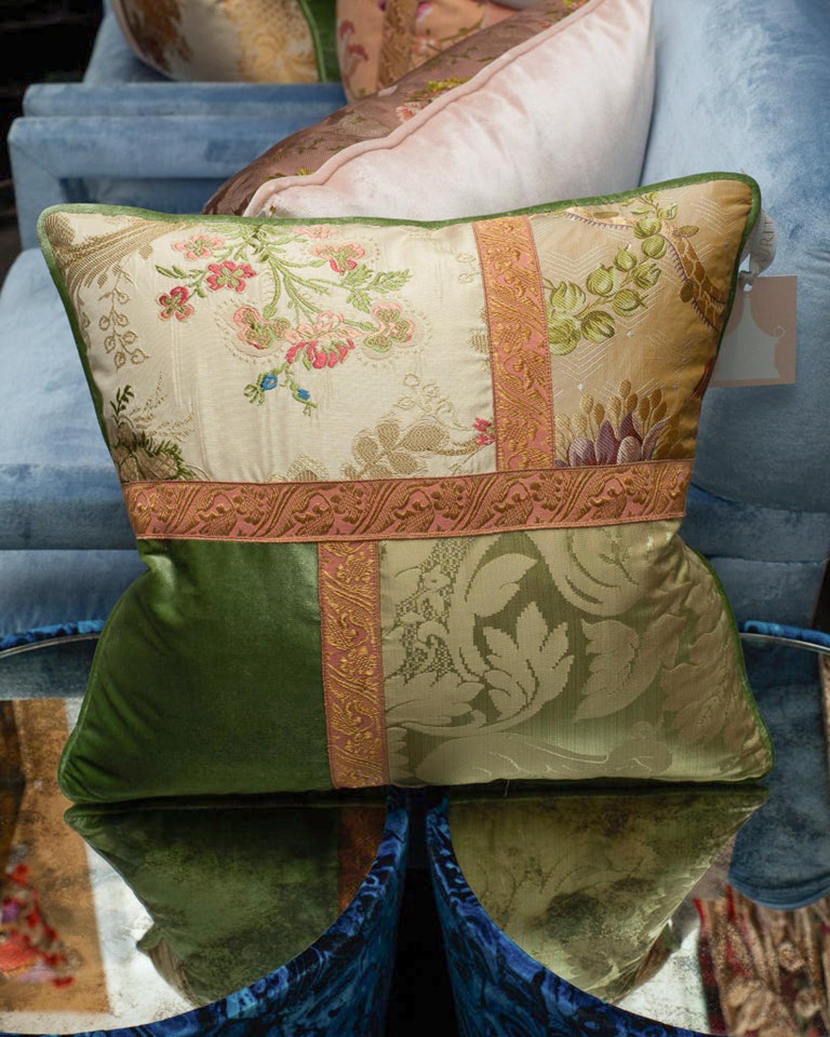 Canadian Studio Maison Nurita Floral and Patchwork Silk Velvet Pillow with Metallic Trims For Sale