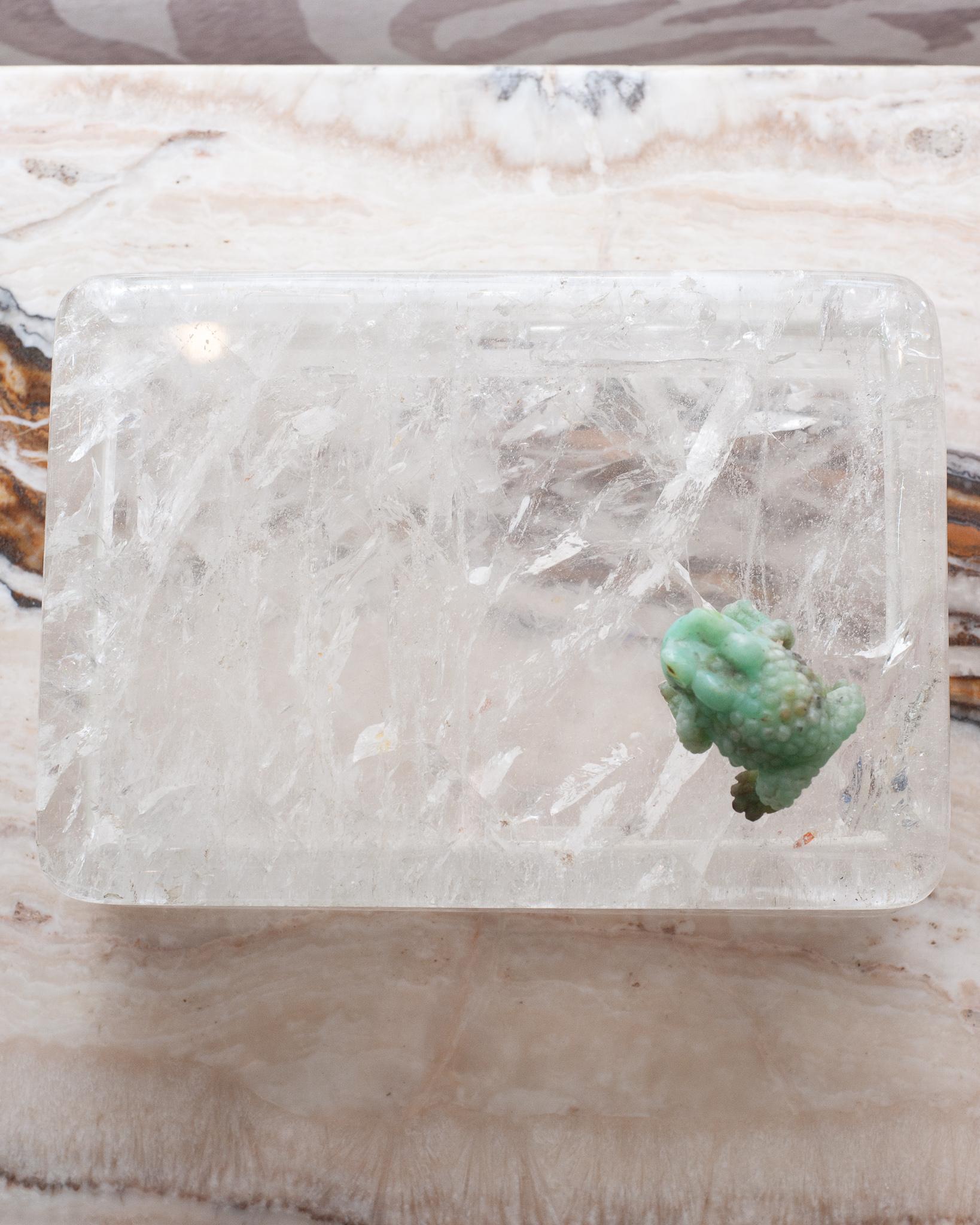 Hand-Carved Studio Maison Nurita Large Clear Quartz / Rock Crystal Box with Aventurine Frog For Sale