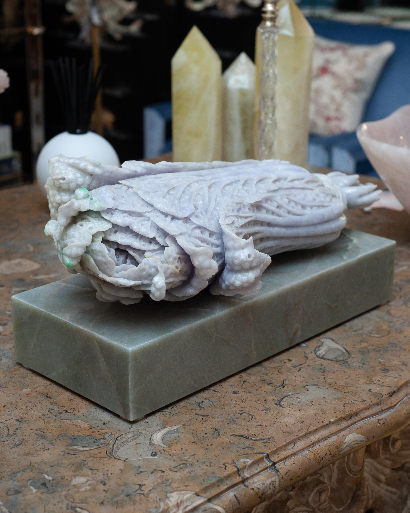 Hand-Carved Studio Maison Nurita Large Lavender & Green Jade Cabbage on Green Marble Block For Sale