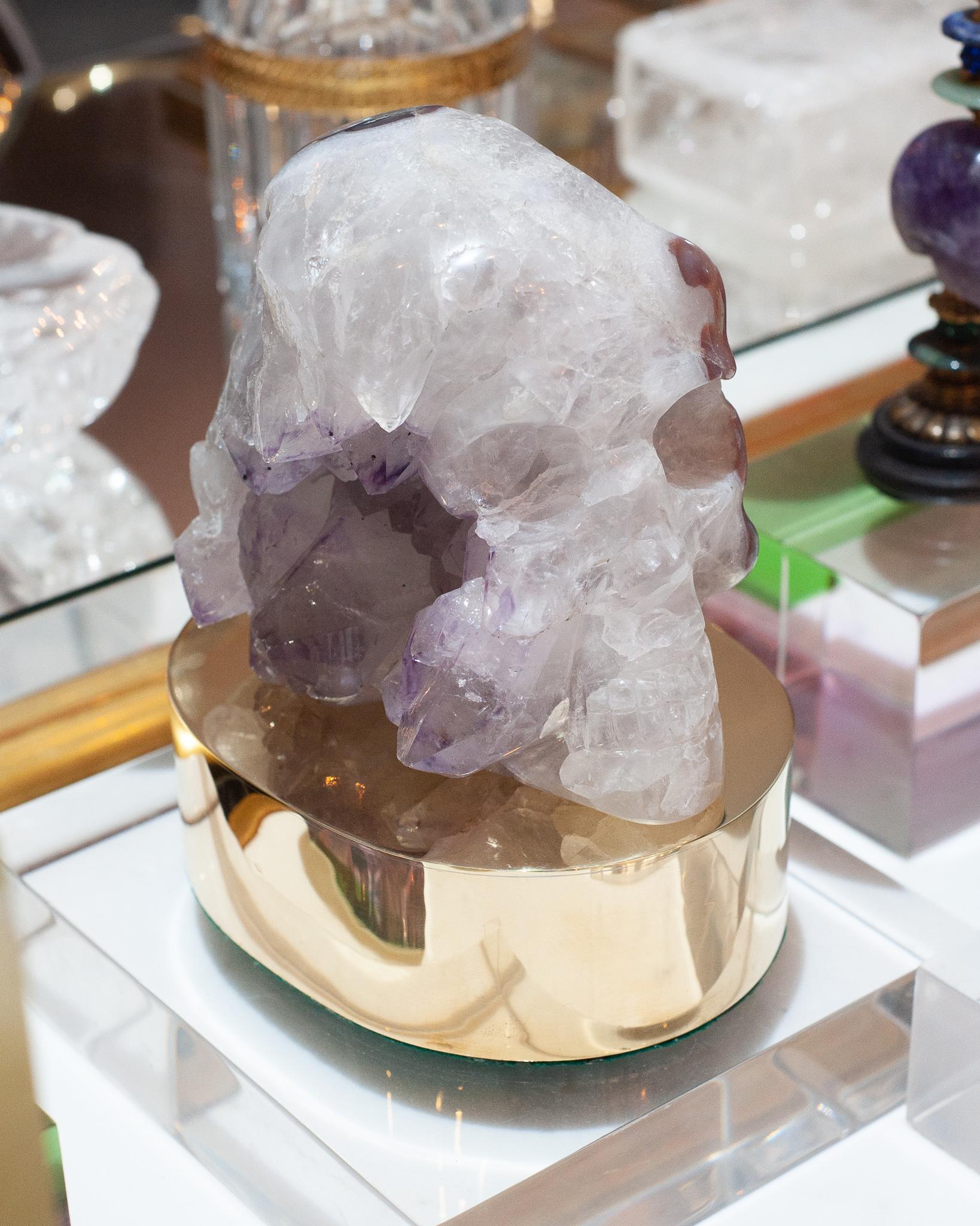 Hand-Carved Studio Maison Nurita Large Quartz and Amethyst Skull with Polished Brass Base For Sale