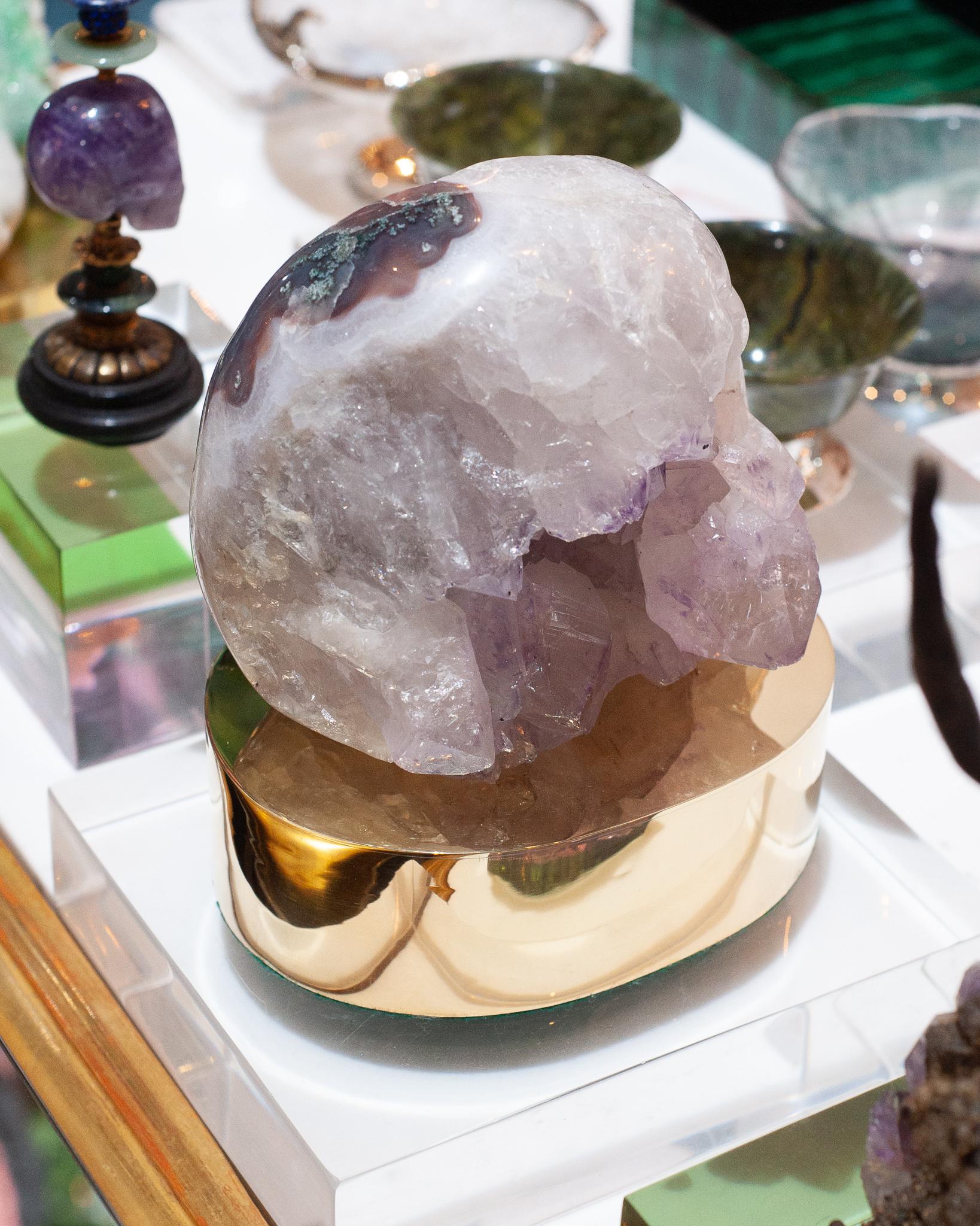 Studio Maison Nurita Large Quartz and Amethyst Skull with Polished Brass Base In New Condition For Sale In Toronto, ON
