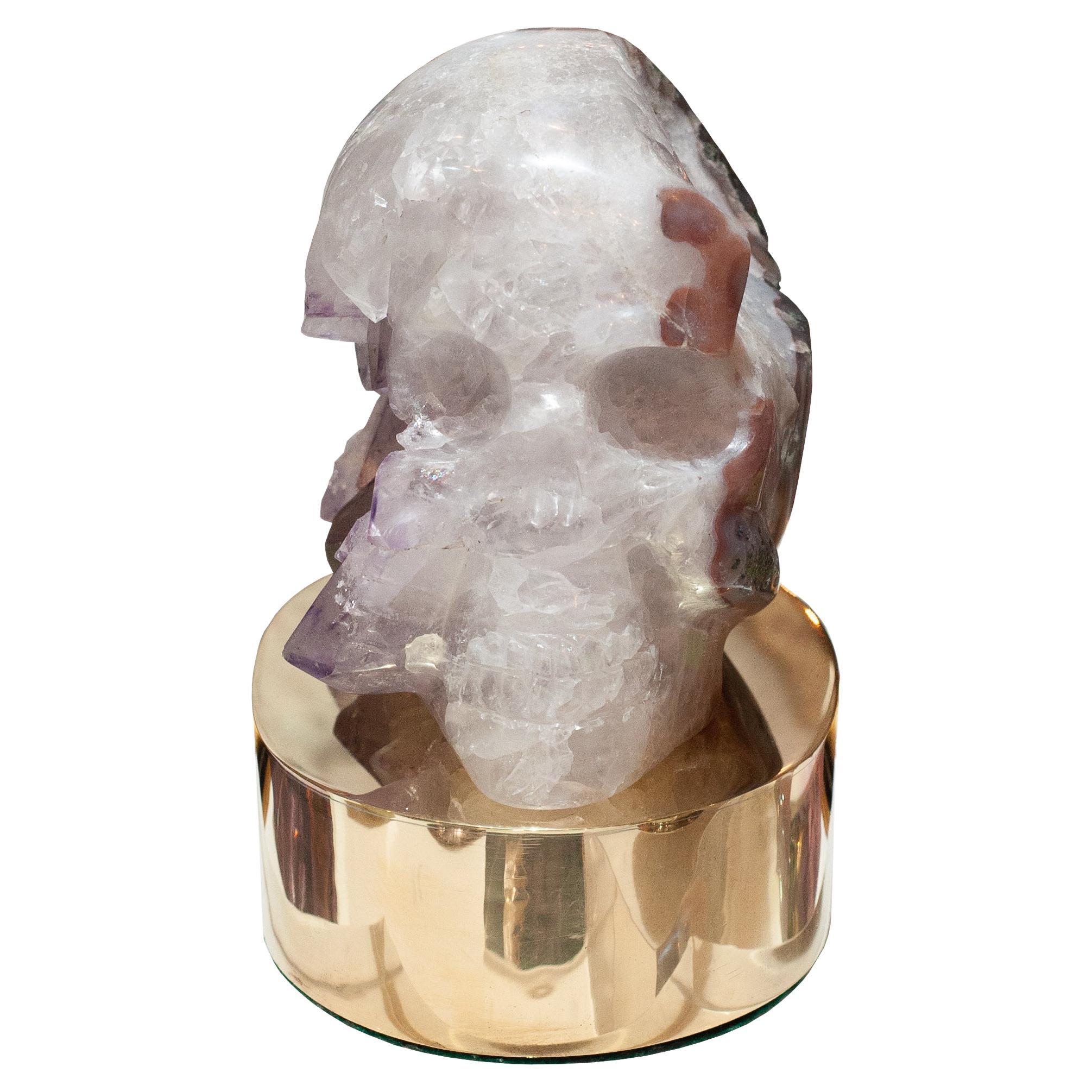 Studio Maison Nurita Large Quartz and Amethyst Skull with Polished Brass Base