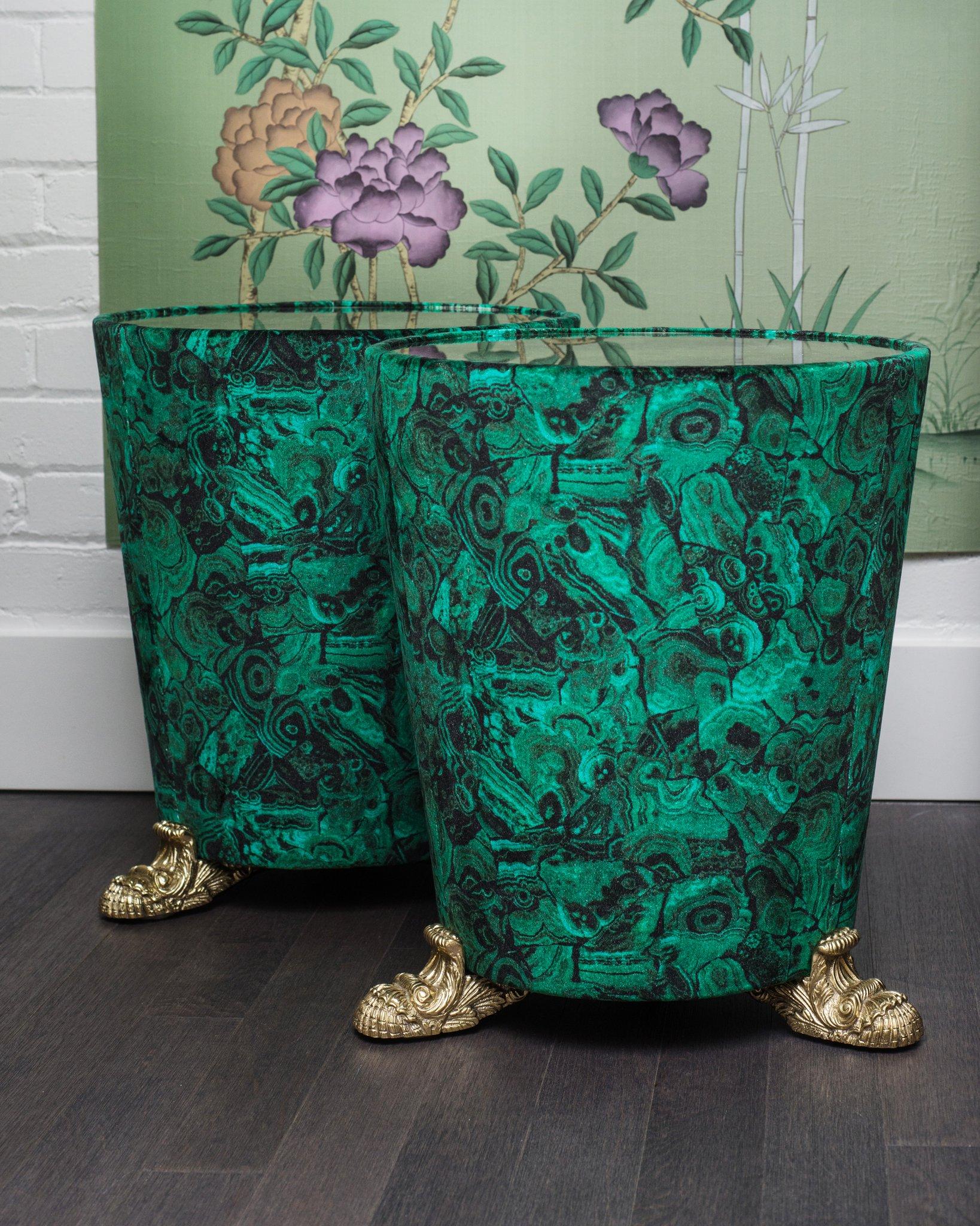 Introducing a new exclusive design from Studio Maison Nurita, an extravagant handmade side table in malachite velvet. Perfection is in the details and these rich tables are upholstered in a Nobilis fabric, with antique mirrored tops and elegant