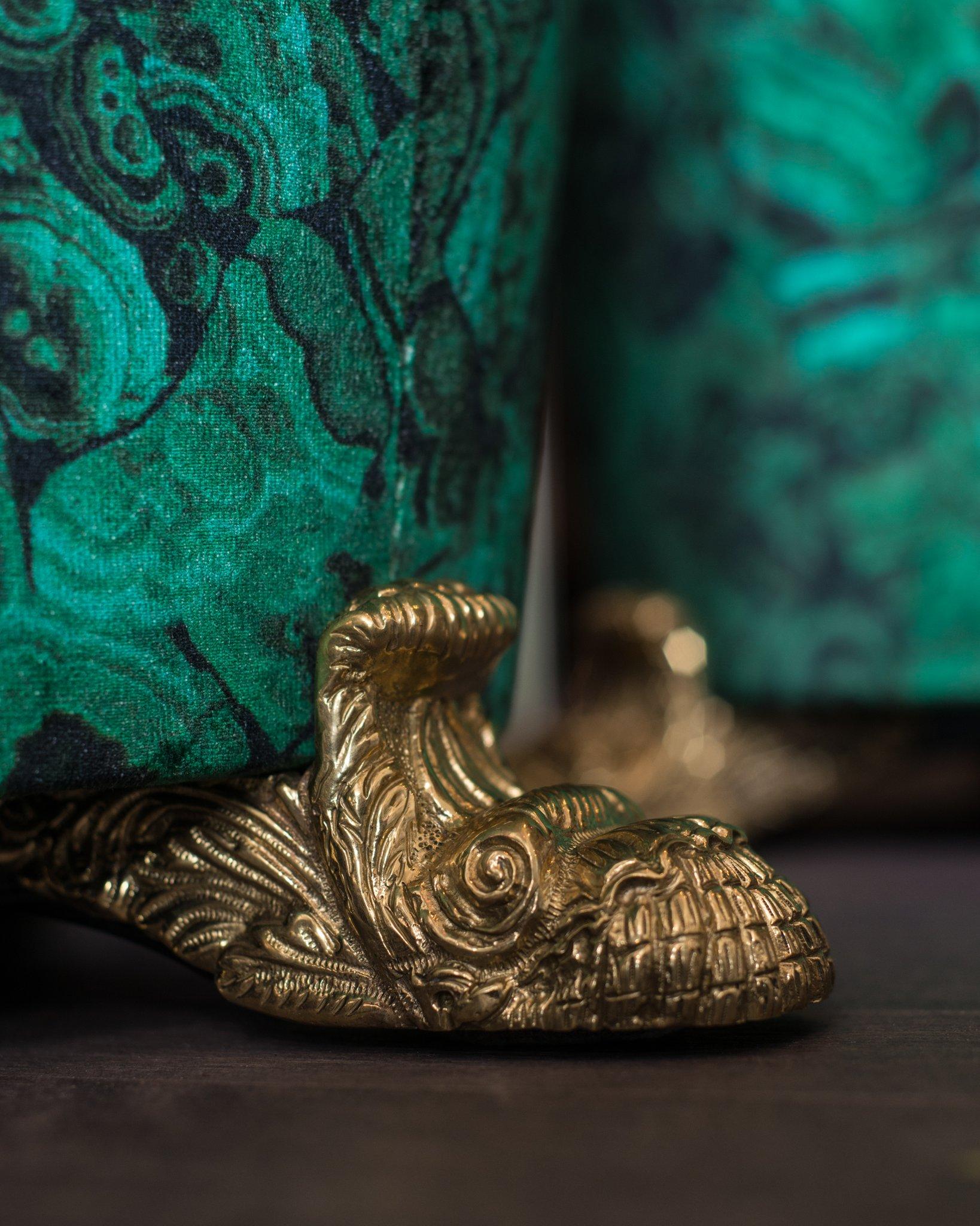 Canadian Studio Maison Nurita Malachite Velvet Table with Bronze Scroll Legs