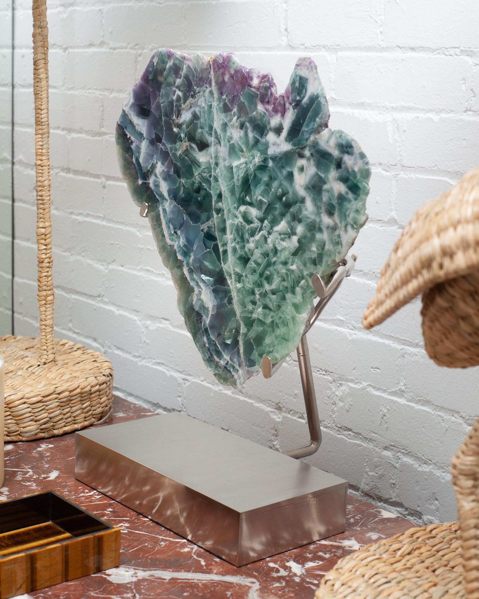 Studio Maison Nurita Massive Fluorite Slice Sculpture with Brushed Nickel Base In New Condition For Sale In Toronto, ON