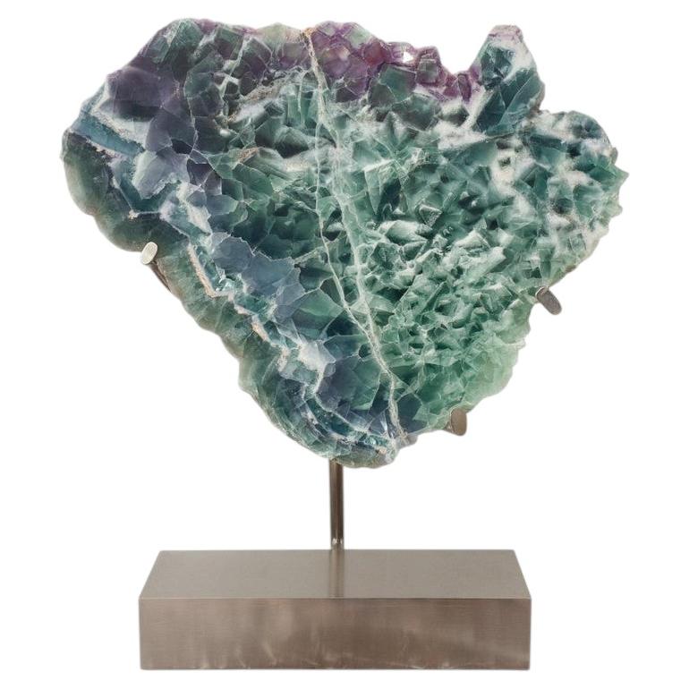 Studio Maison Nurita Massive Fluorite Slice Sculpture with Brushed Nickel Base For Sale