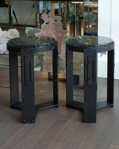 Studio Maison Nurita Pair of Smoked Glass Tables with Blackened Brass Bases