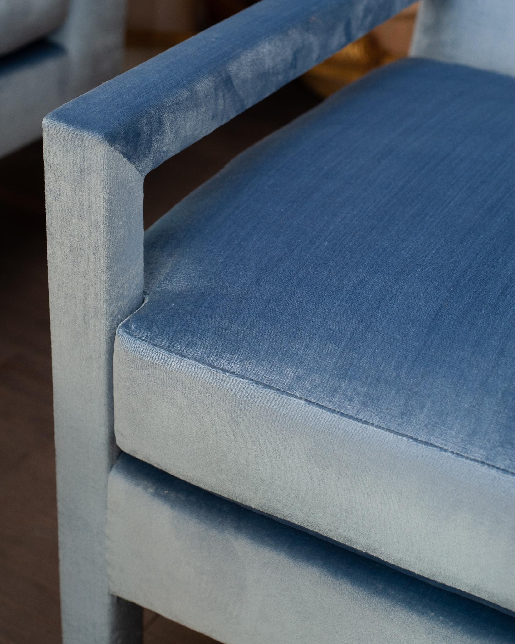 These Parsons chairs are custom designed and are fully upholstered in a rich delft blue silk velvet from Paris by Studio Maison Nurita's master upholsterer. One of the most significant investment pieces in one's home should be a set of beautiful and