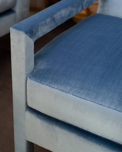Studio Maison Nurita Custom Upholstered Parsons Chairs in Delft Blue Silk Velvet