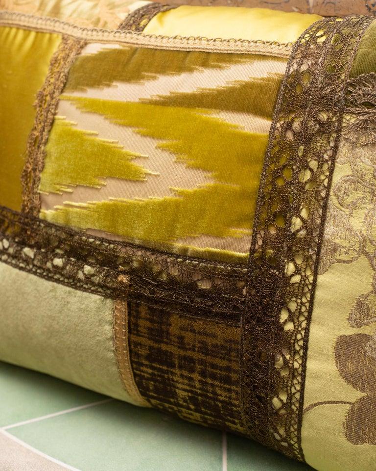 Studio Maison Nurita Patchwork Silk and Silk Velvet Pillow with Metallic Trims In New Condition For Sale In Toronto, ON