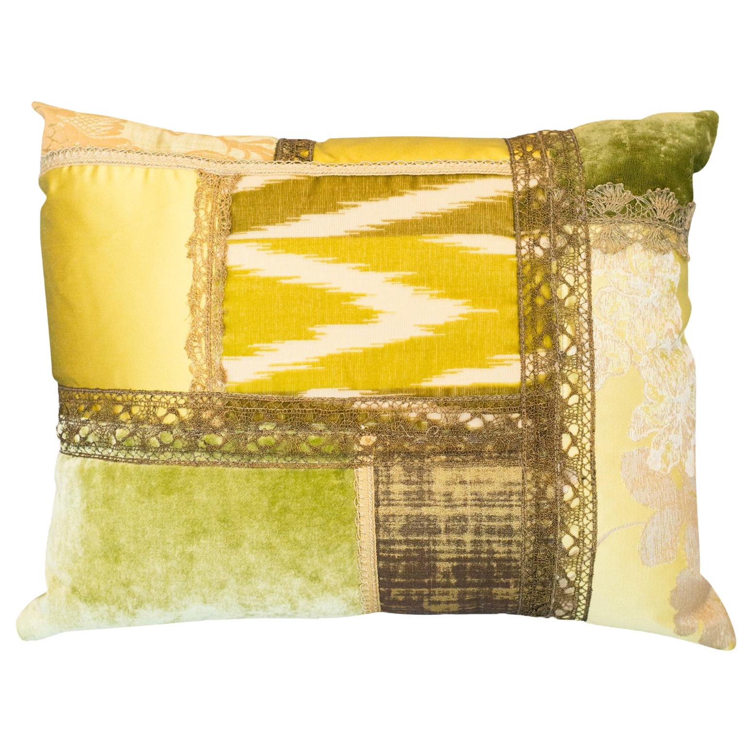 Studio Maison Nurita Patchwork Silk and Silk Velvet Pillow with Metallic Trims For Sale