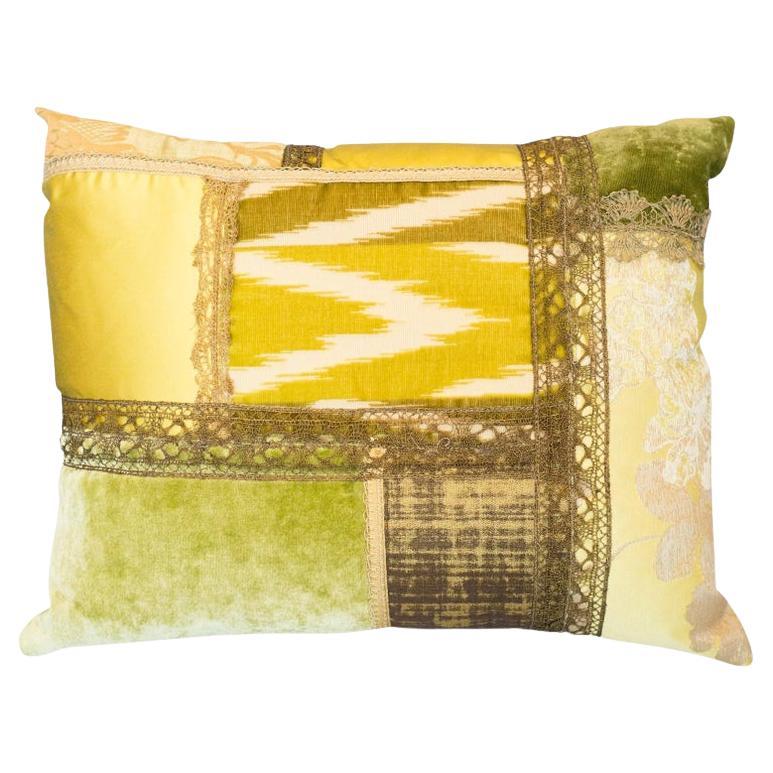 Studio Maison Nurita Patchwork Silk and Silk Velvet Pillow with Metallic Trims For Sale
