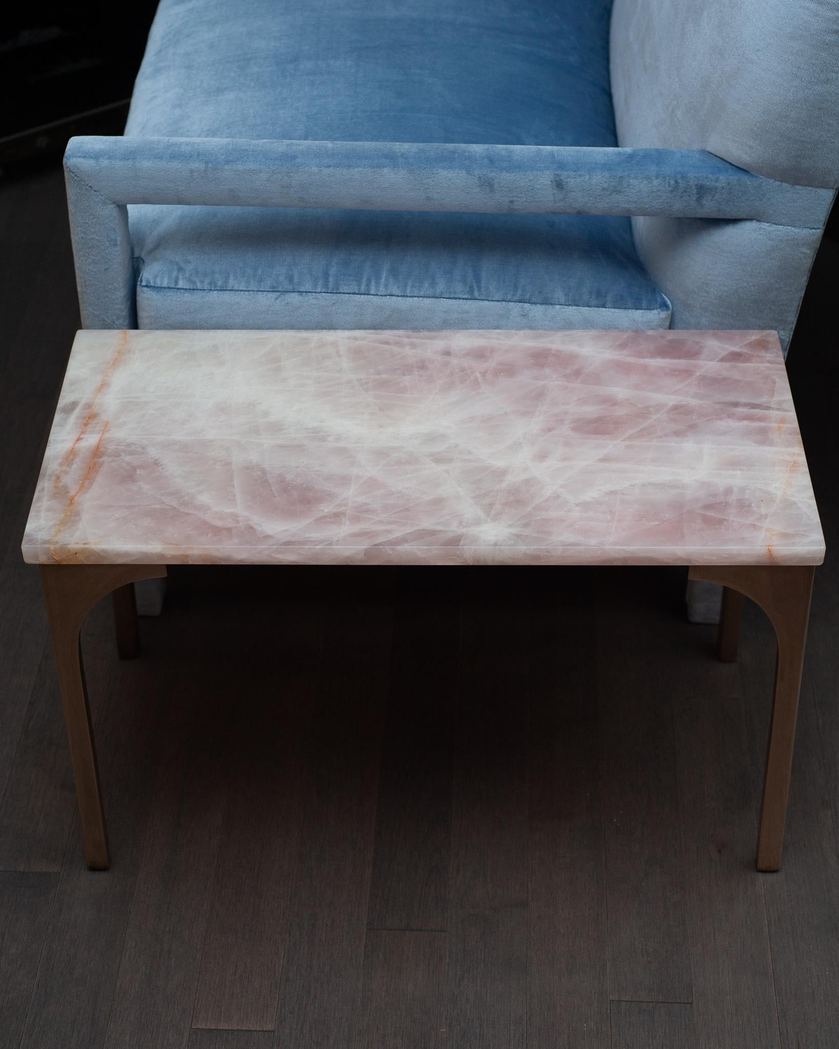 Canadian Studio Maison Nurita Pink Rose Quartz Table with Polished Poured Bronze Legs For Sale