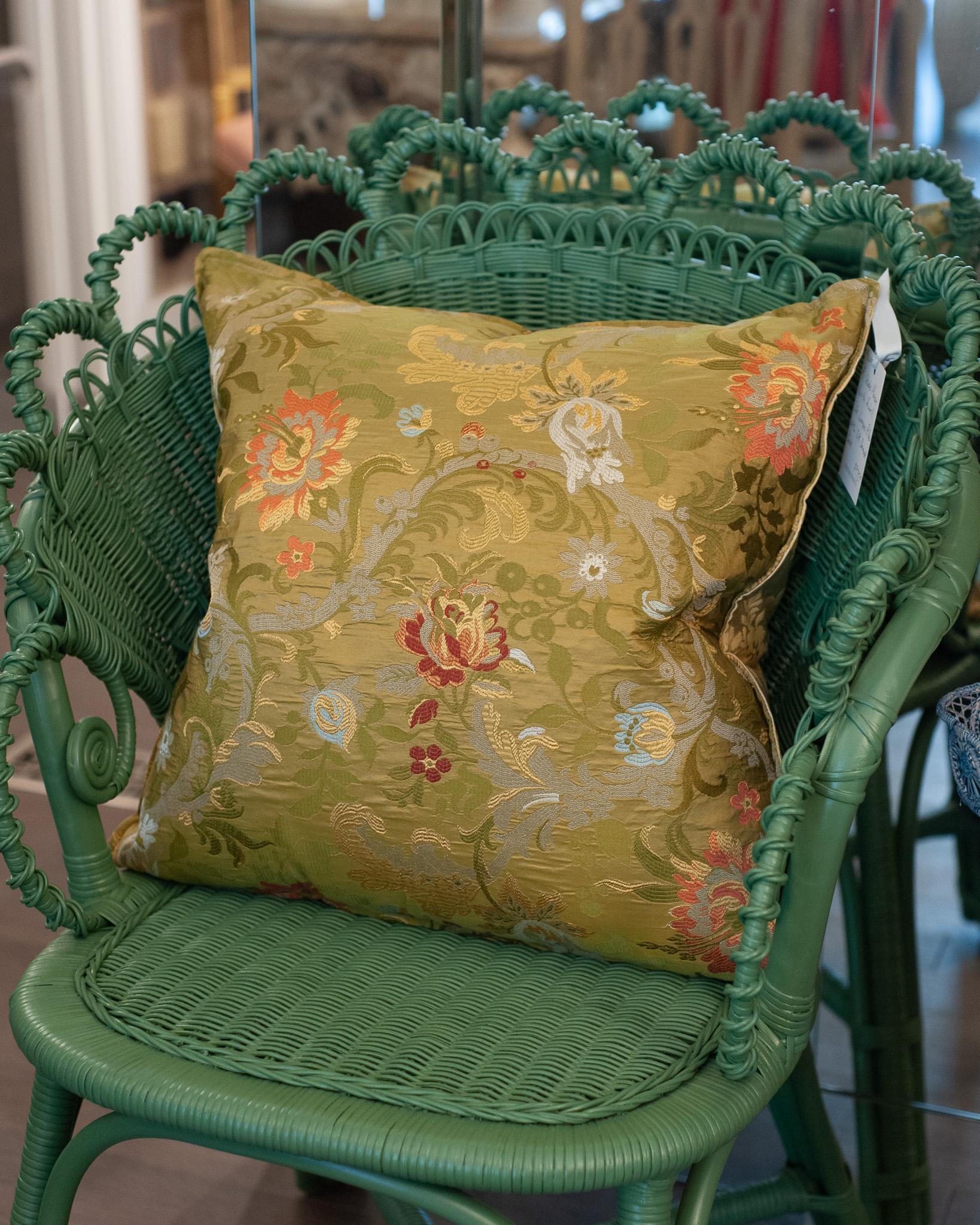 A luxurious Studio Maison Nurita pillow made from a rich green and multicolour floral Lampas fabric by Rubelli, and a golden yellow silk damask back. This pillow is filled with 80/20 Canadian down and feather for a pillow that feels as beautiful as