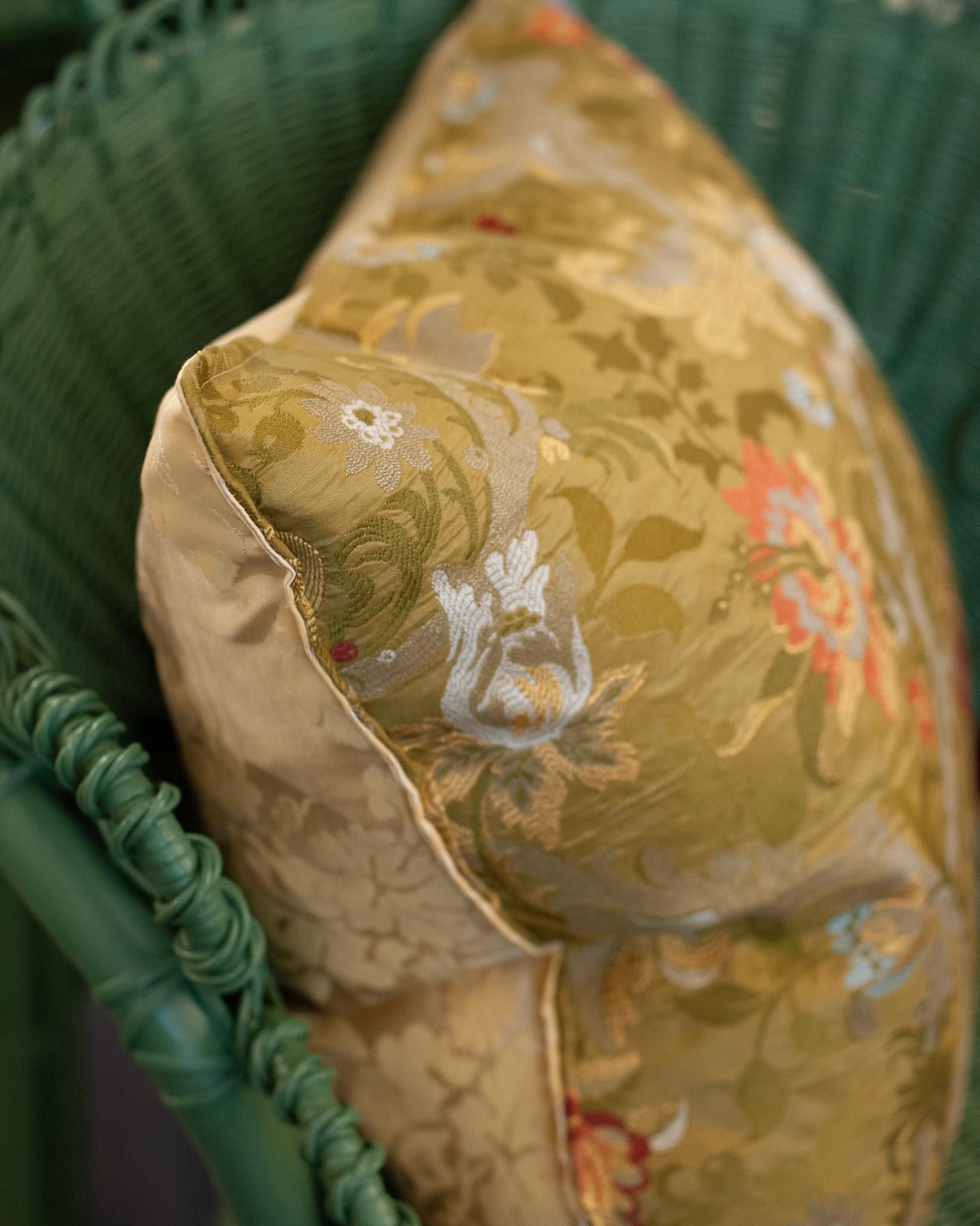 Contemporary Studio Maison Nurita Rubelli Green Floral Silk Lampas and Silk Damask Pillow For Sale