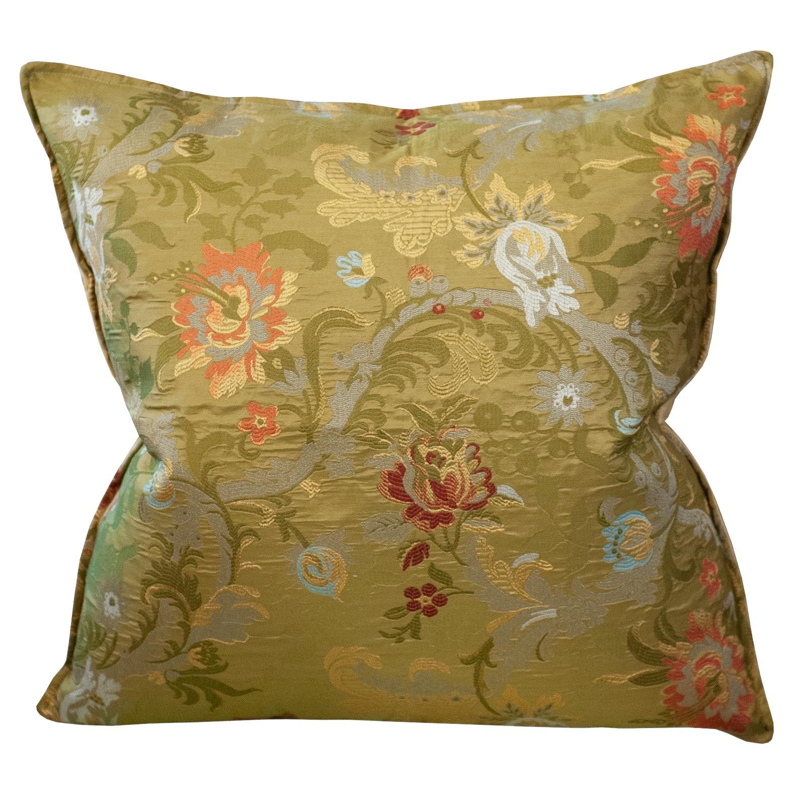Studio Maison Nurita Rubelli Green Floral Silk Lampas and Silk Damask Pillow