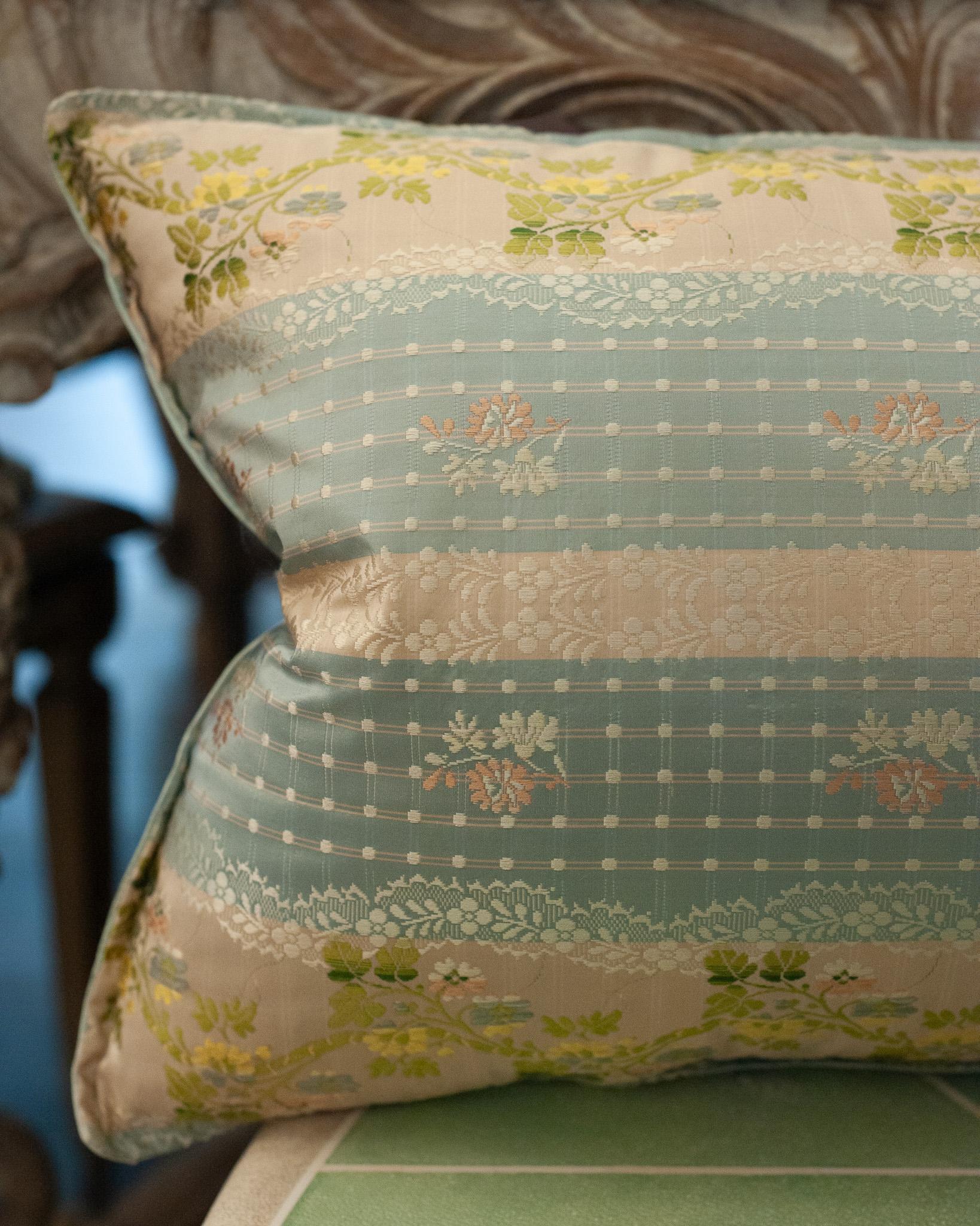 Canadian Studio Maison Nurita Soft Blue Document Print Floral Brocade Pillow For Sale