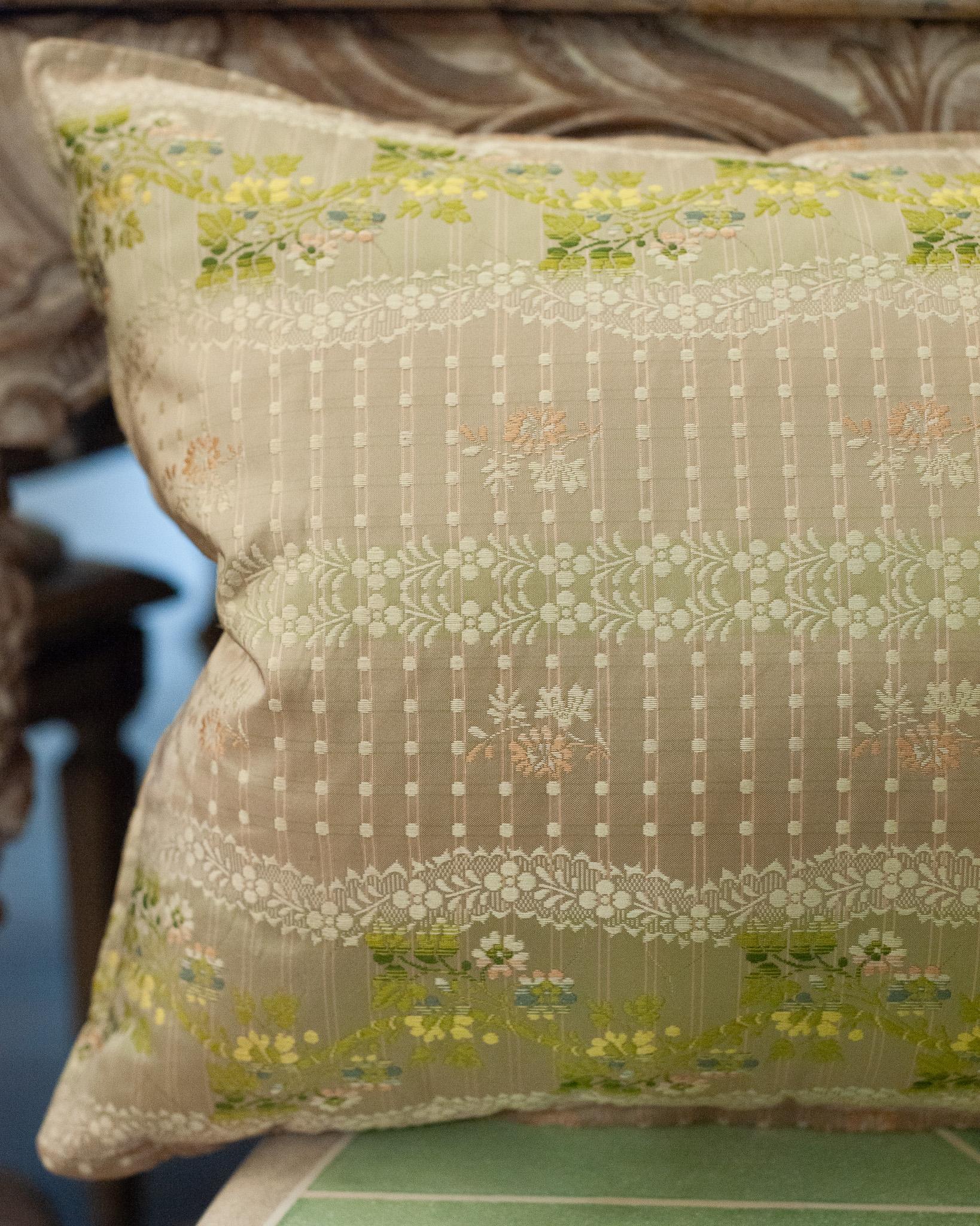 Canadian Studio Maison Nurita Soft Pink Document Print Floral Brocade Pillow For Sale