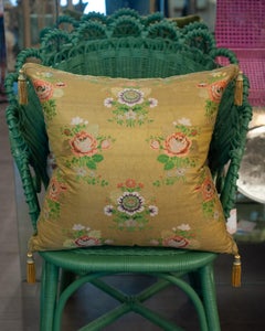 Studio Maison Nurita Yellow Green Floral Silk Pillow with Metallic Trims