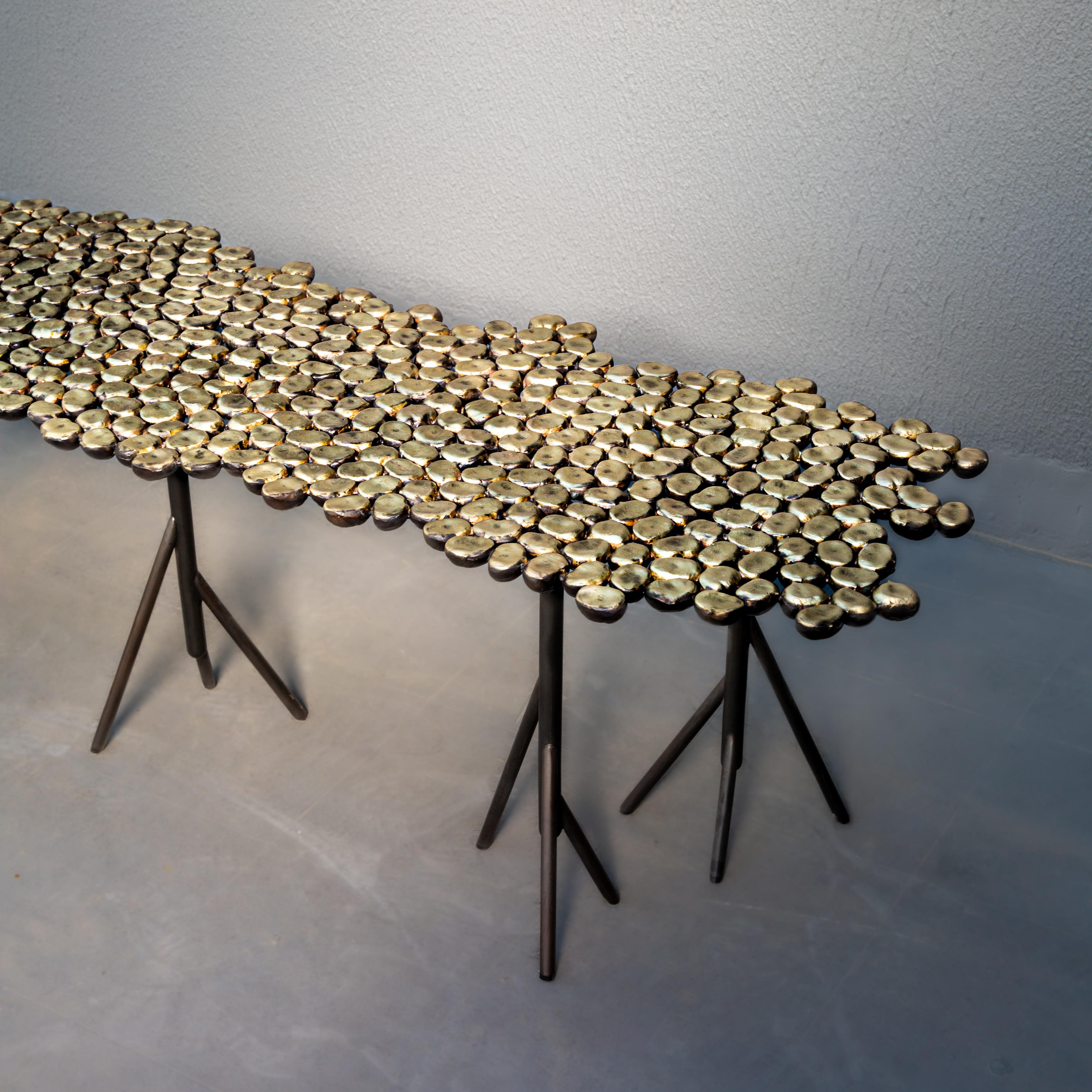 Organic Modern Chestnut, StudioManda, Coffee Table, Bench, Brass, Limited Edition, Lebanon 2019 For Sale